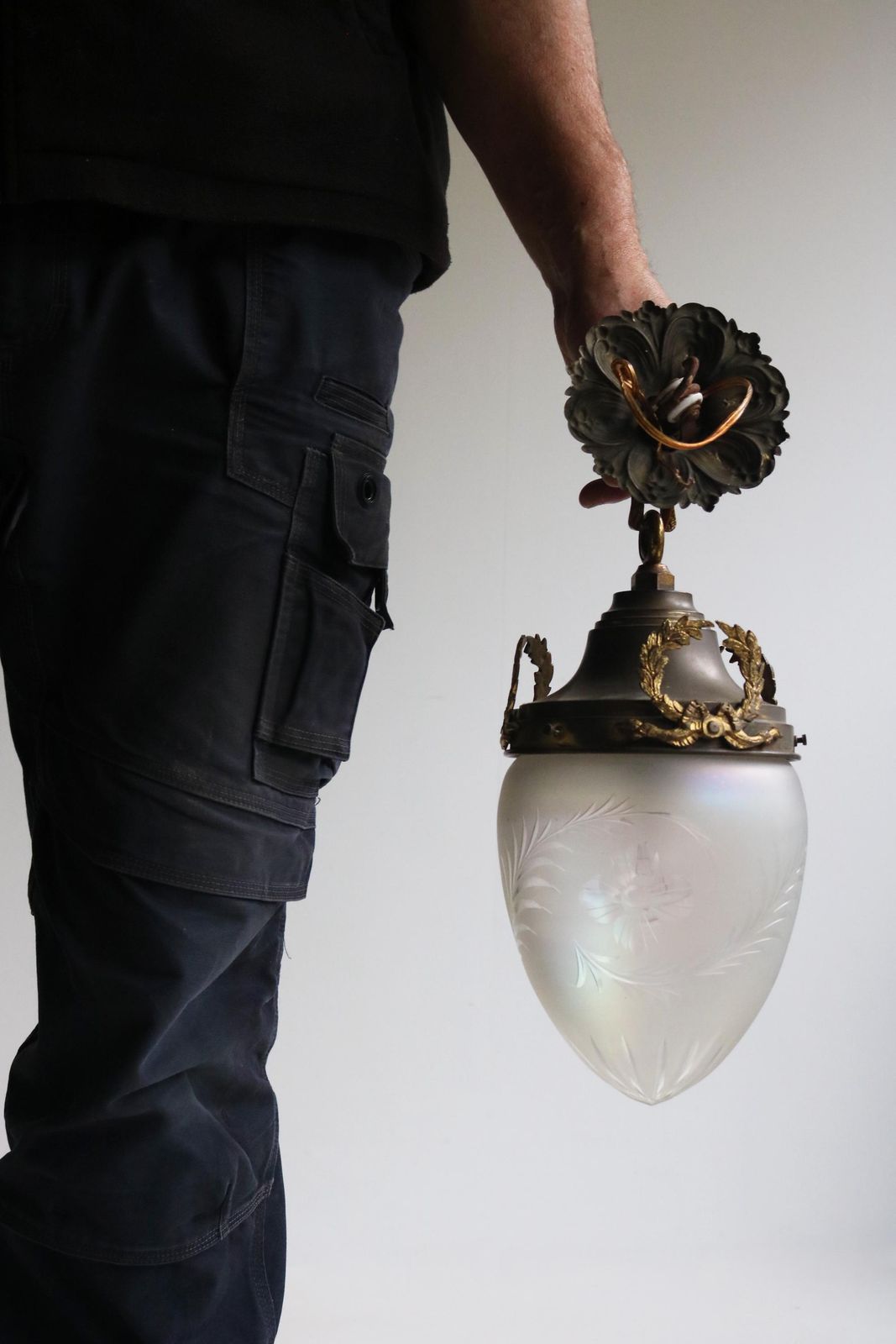 Antique French Hanging Lamp In Gilded Brass And Frosted Etched Glass Art Nouveau Teardrop Shape Pendant Light Lantern Ca. 1910 photo buy