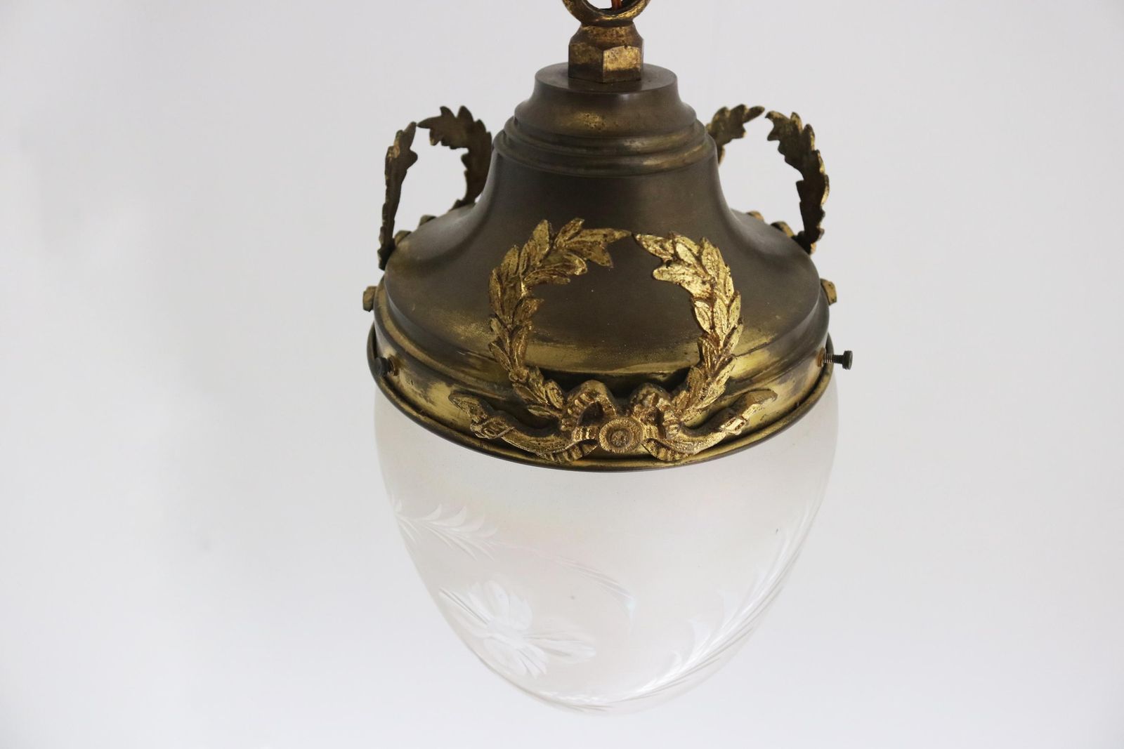 Antique French Hanging Lamp In Gilded Brass And Frosted Etched Glass Art Nouveau Teardrop Shape Pendant Light Lantern Ca. 1910 photo vintage