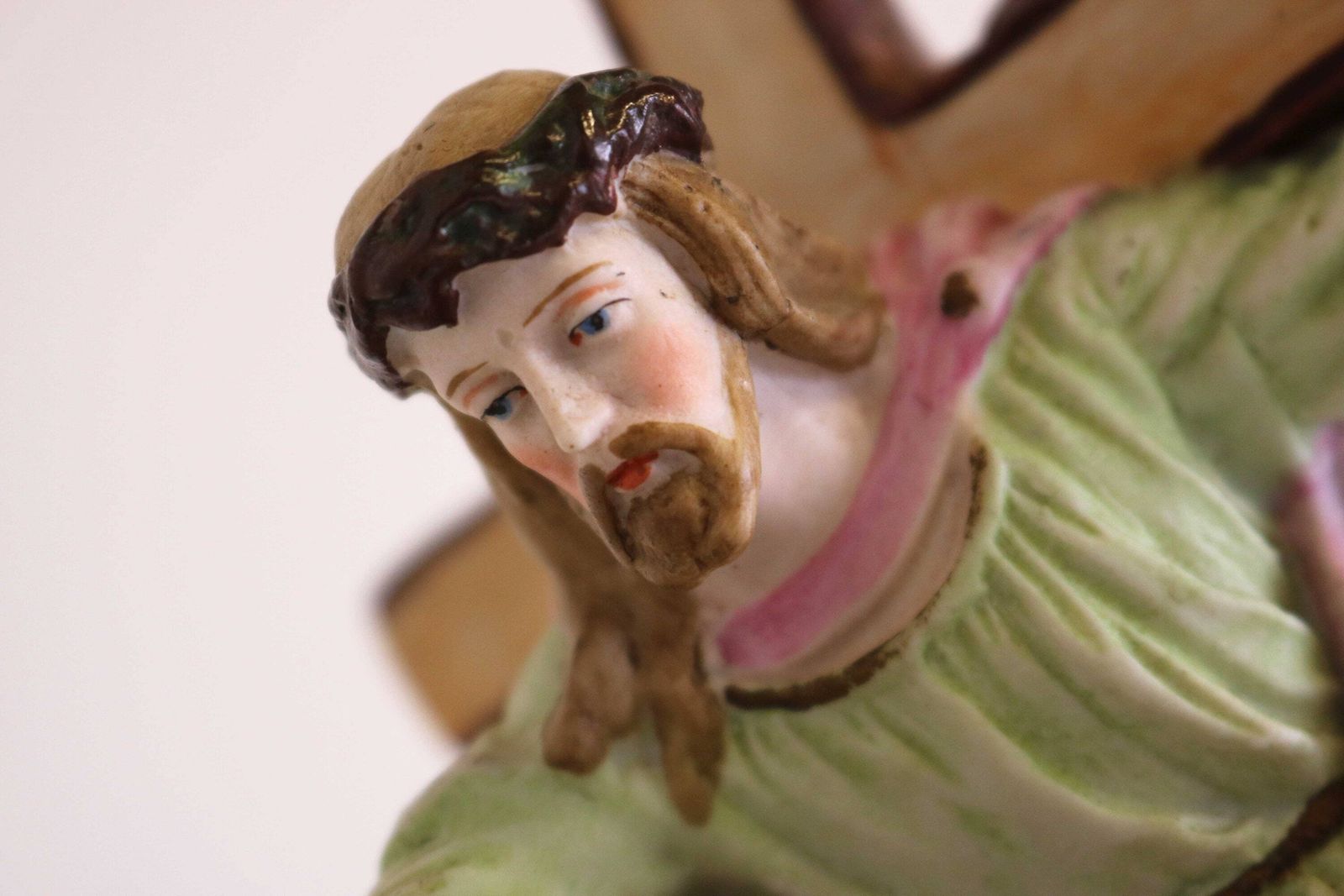 Bisque Holy Water Font Jesus With Cross For Table Top Germany Antique 19th Century Figurine Christ Carrying Cross Religious 1900s photo furniture