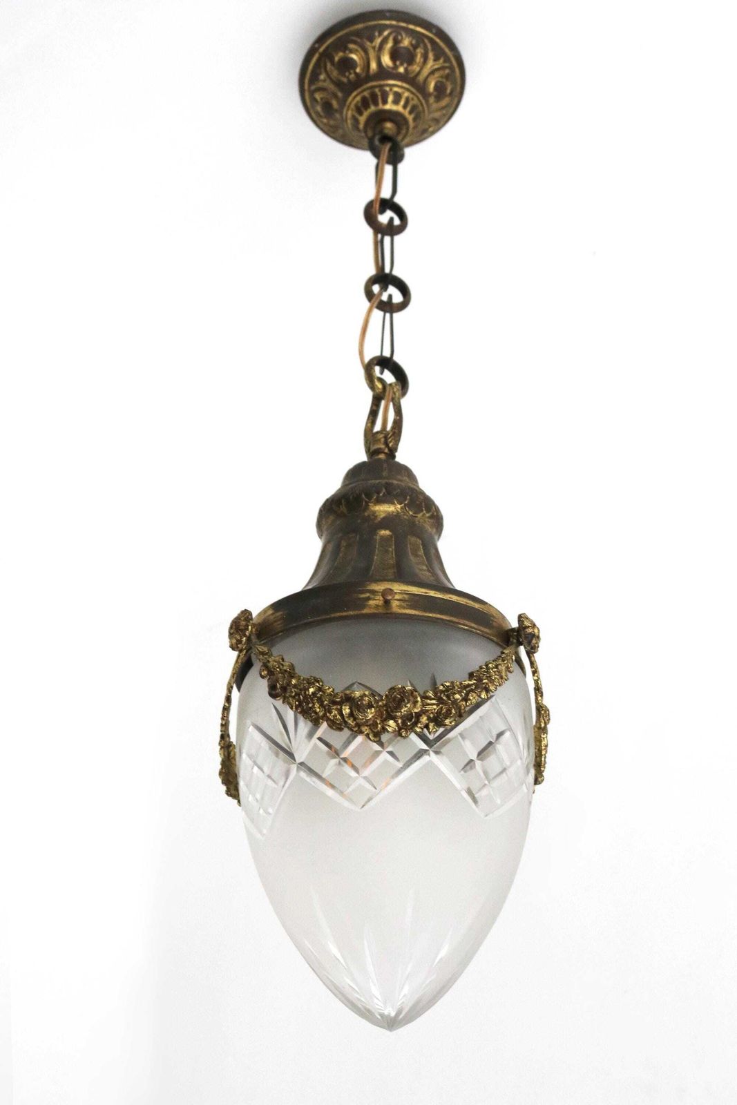 Antique French Hanging Lamp In Gilded Brass And Frosted Etched Glass Art Nouveau Teardrop Shape Ceiling Lamp ,1900 1910 photo for sale