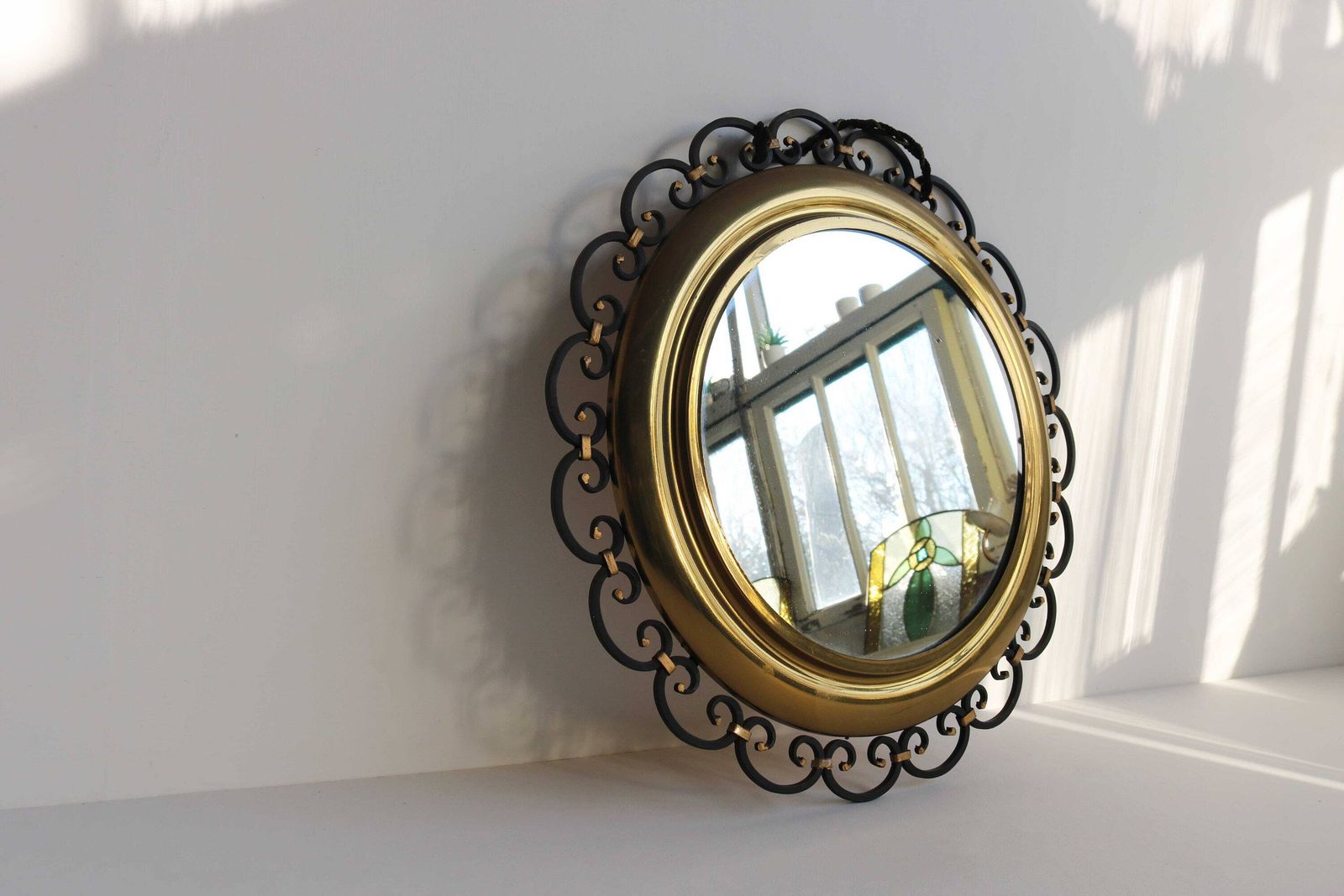 Vintage Round Shape Wrought Iron And Brass Wall Mirror Black And Golden Accents French Hall Mirror Regency Style Entry Hall Mirror 1960s photo for sale