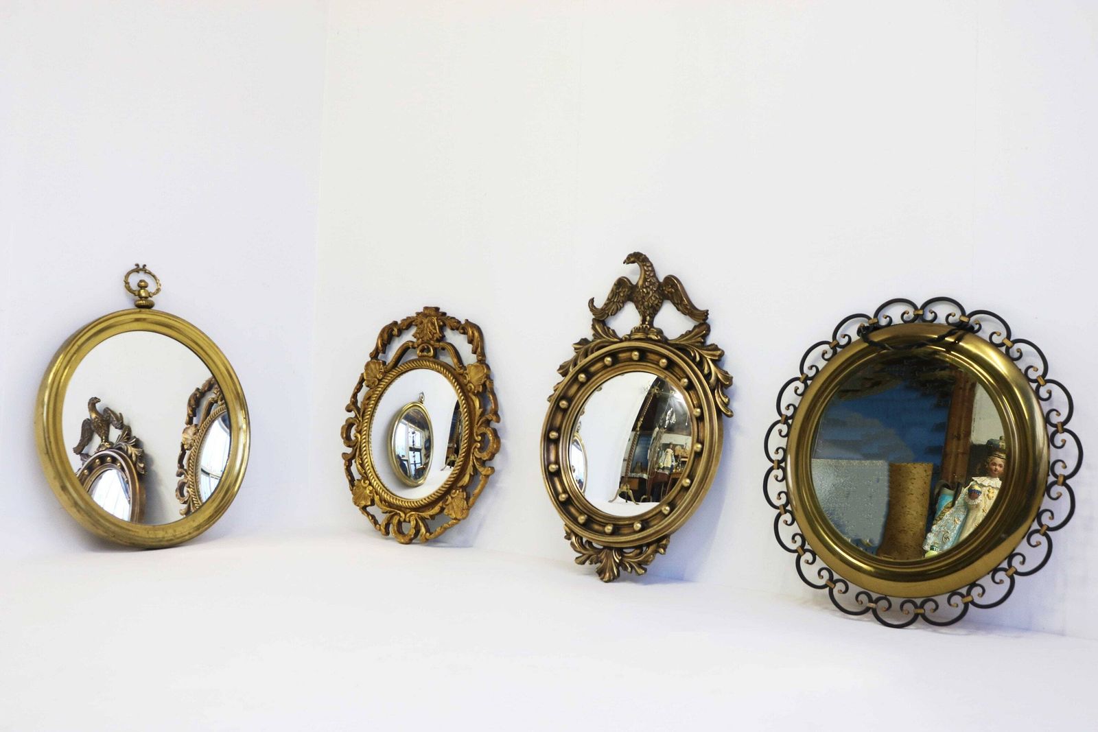 photo for sale Vintage Round Shape Wrought Iron And Brass Wall Mirror Black And Golden Accents French Hall Mirror Regency Style Entry Hall Mirror 1960s