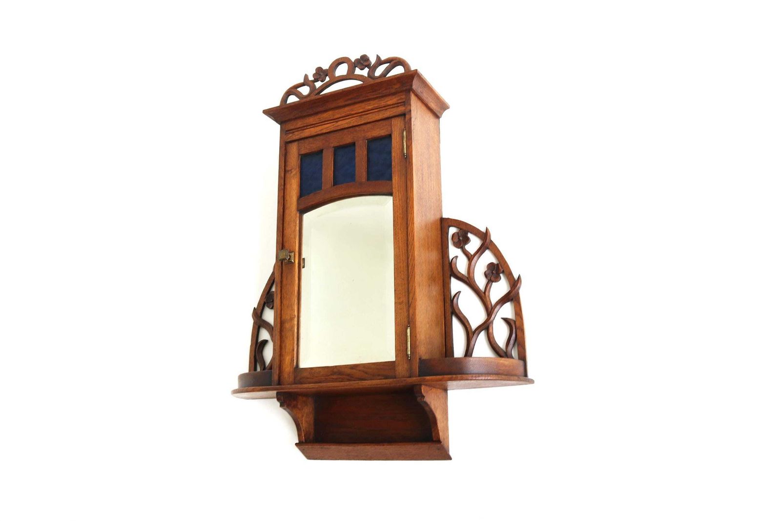 French Antique Art Nouveau Wall Cabinet / Medicine Cabinet Beveled Mirror Blue Glass Floral Carved Oak Apothecary Key Cabinet 1900  1910