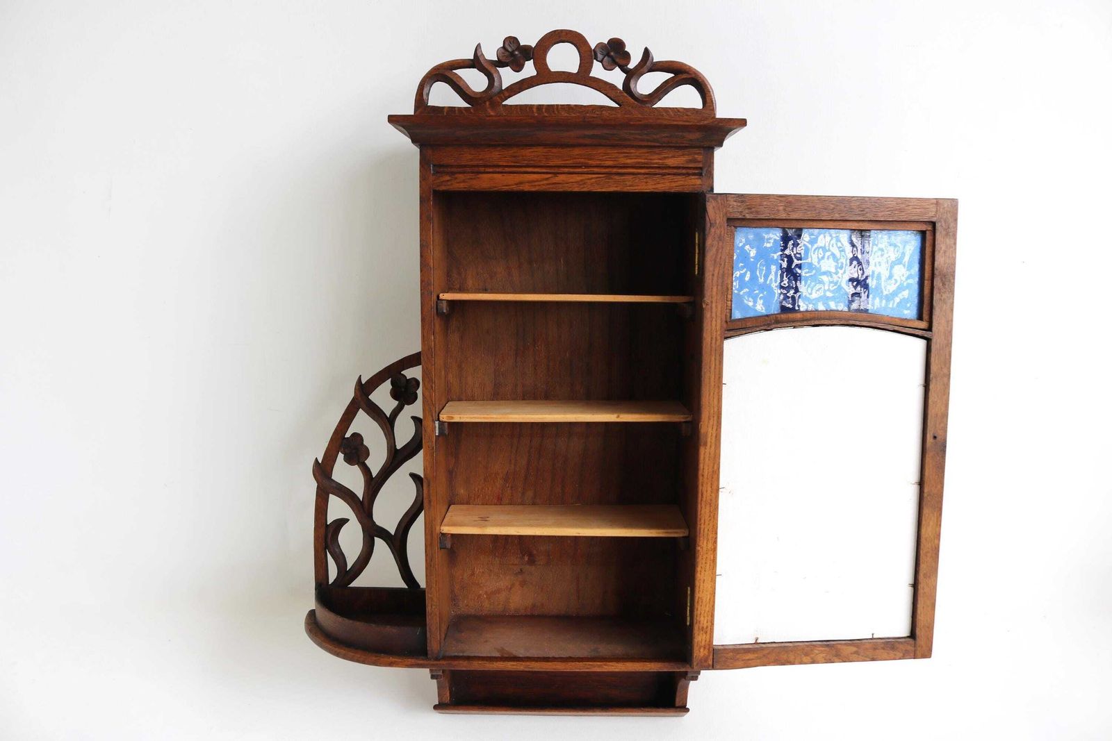 photo furniture French Antique Art Nouveau Wall Cabinet / Medicine Cabinet Beveled Mirror Blue Glass Floral Carved Oak Apothecary Key Cabinet 1900  1910