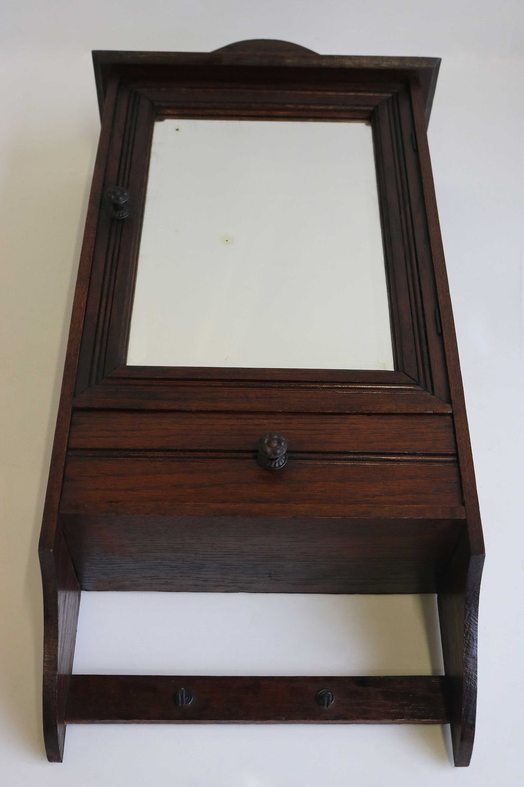 Vintage Small Wall Cabinet With Pediment Beveled Mirror Small Drawer Bathroom Medicine Apothecary Kitchen Cabinet Two Small Hooks 1930 40s photo vintage
