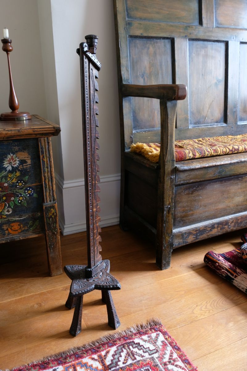 Rare Arts & Crafts Carved Oak Adjustable Candle Stand