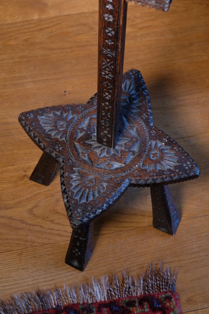 Rare Arts & Crafts Carved Oak Adjustable Candle Stand photo for sale