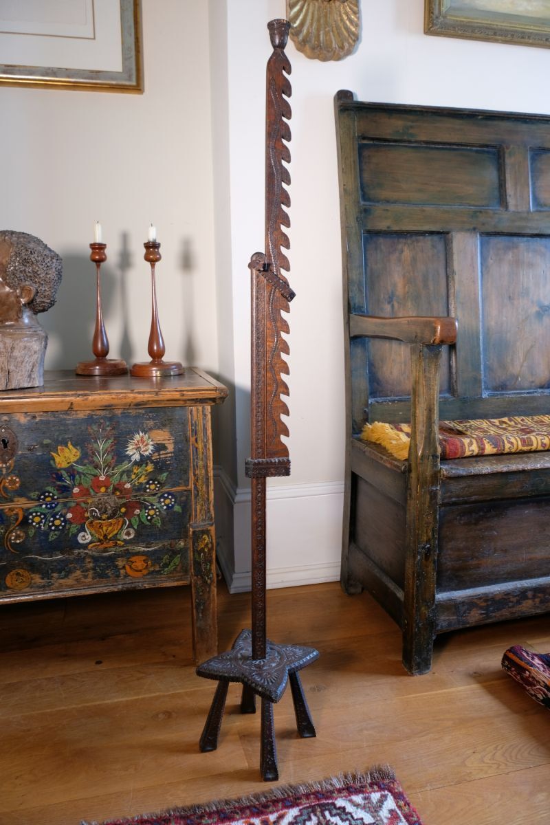 photo furniture Rare Arts & Crafts Carved Oak Adjustable Candle Stand