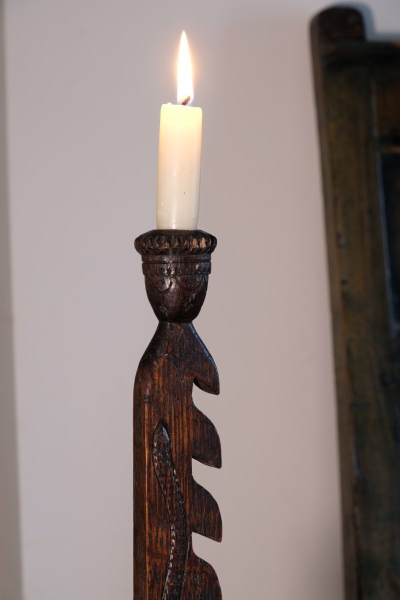 780.0 Rare Arts & Crafts Carved Oak Adjustable Candle Stand photo