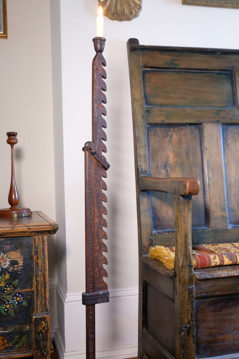 photo buy Rare Arts & Crafts Carved Oak Adjustable Candle Stand