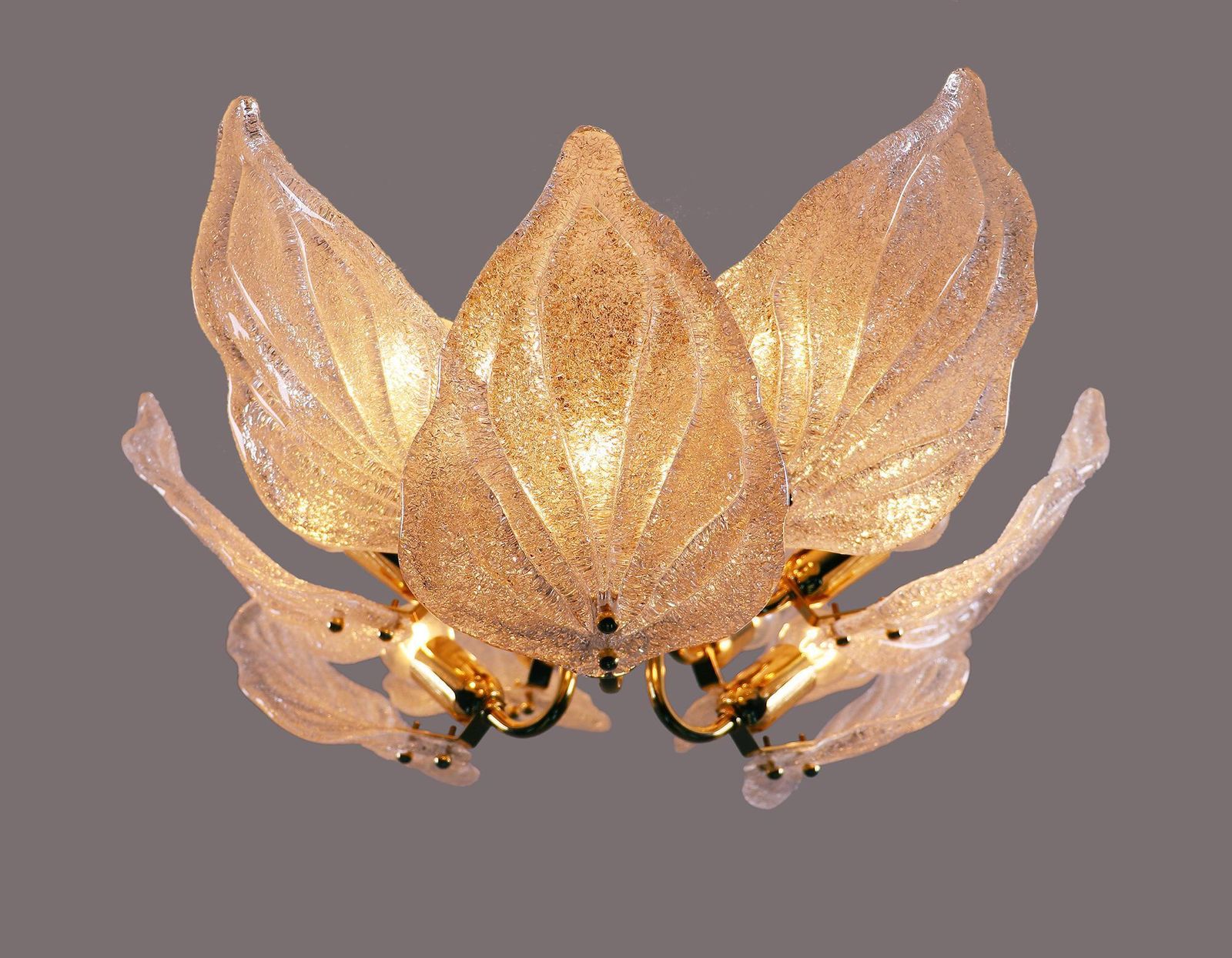 1 'Of 2' Leaf Flush Mount Chandelier Murano Glass & Brass By Novaresi Italy 1970 photo furniture