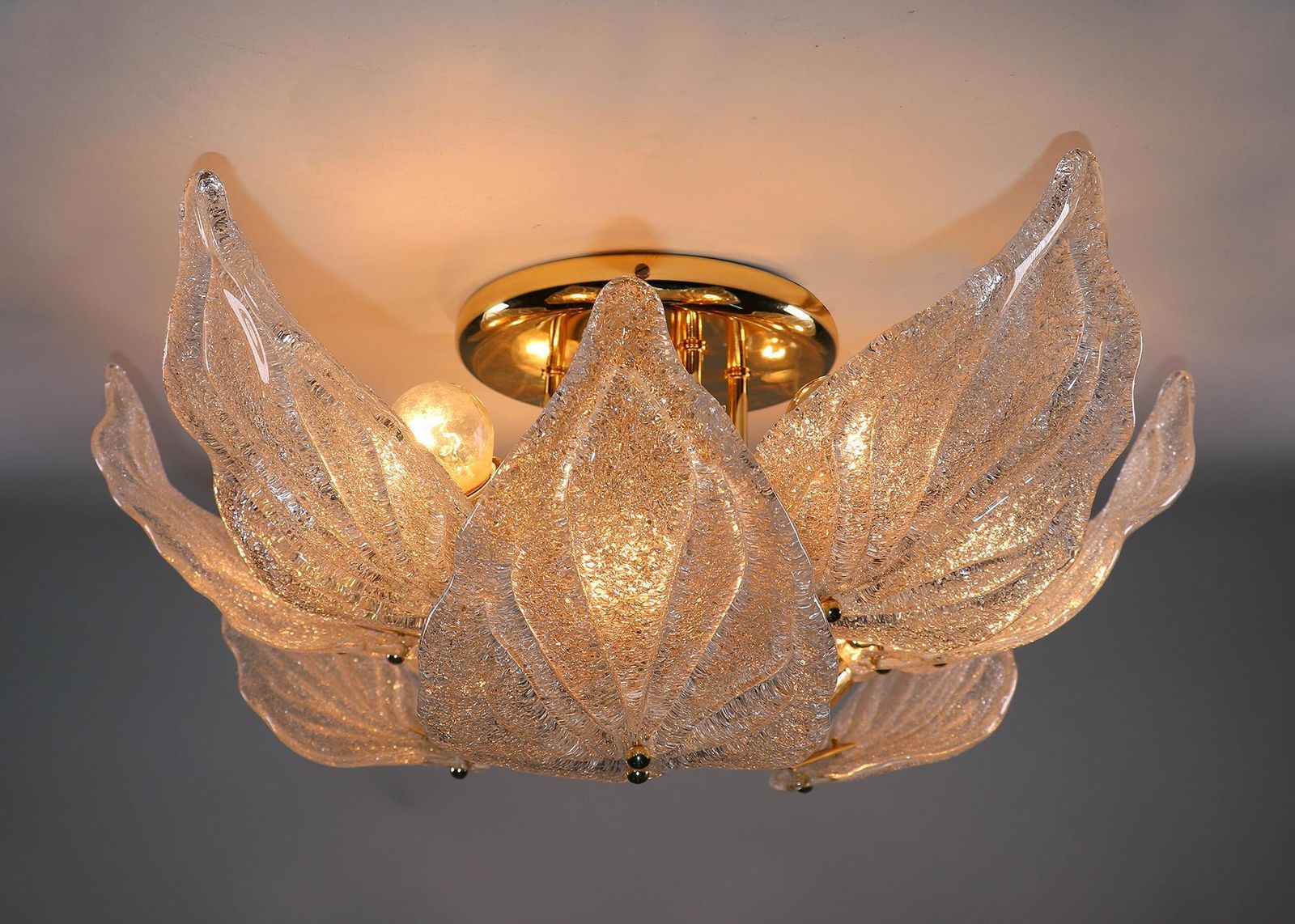 1 'Of 2' Leaf Flush Mount Chandelier Murano Glass & Brass By Novaresi Italy 1970 photo for sale