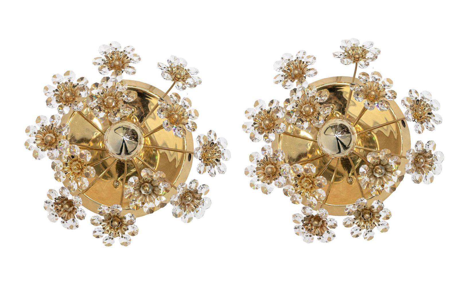 Pair Of Gold Plated Brass And Crystal Glass Wall Lamps Sconces By Palwa, 1960 photo Lighting