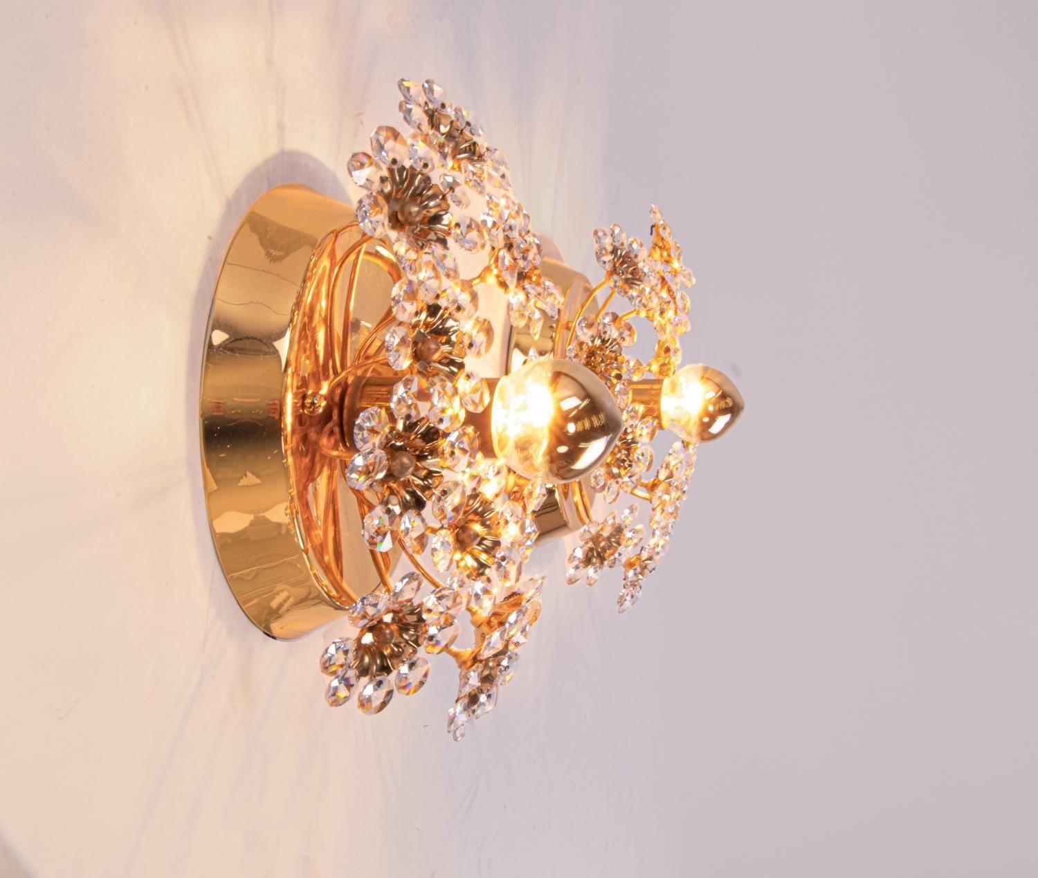 Pair Of Gold Plated Brass And Crystal Glass Wall Lamps Sconces By Palwa, 1960 photo vinterior