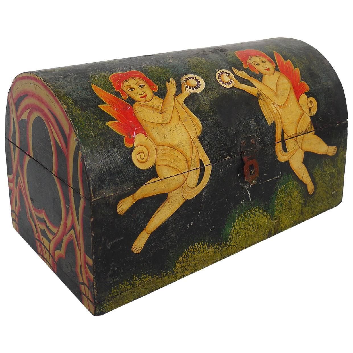 European 19th Century Painted Wooden Dome Top Box Folk Art