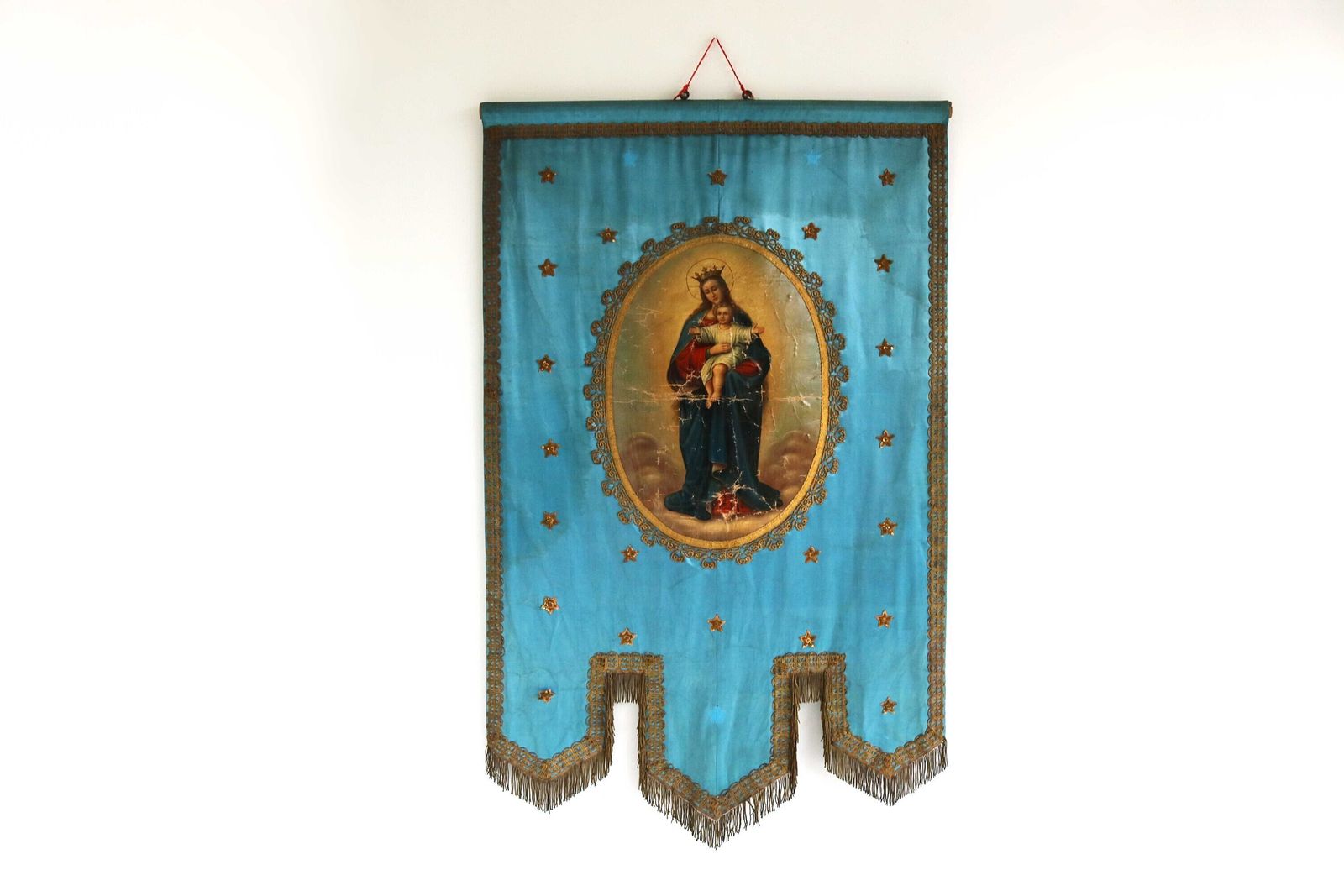 Antiek Religieus Handgemaakt Stoffen Kerkbanner Van Maria En Het Kindje Jezus – Oud Processie  En Altaarstuk, Wanddecoratie, Christelijk, Victoriaans