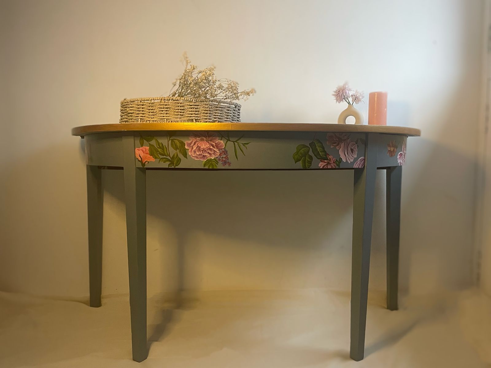 Hand Painted   Unique Half Moon   Accent Table   Elegant Floral Designs And A Rich Gold Trim On A Light Blue Background