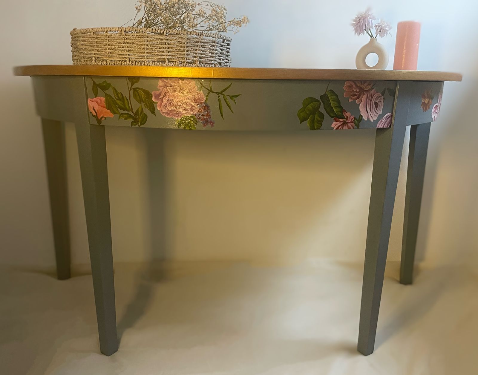 Hand Painted   Unique Half Moon   Accent Table   Elegant Floral Designs And A Rich Gold Trim On A Light Blue Background photo vinterior