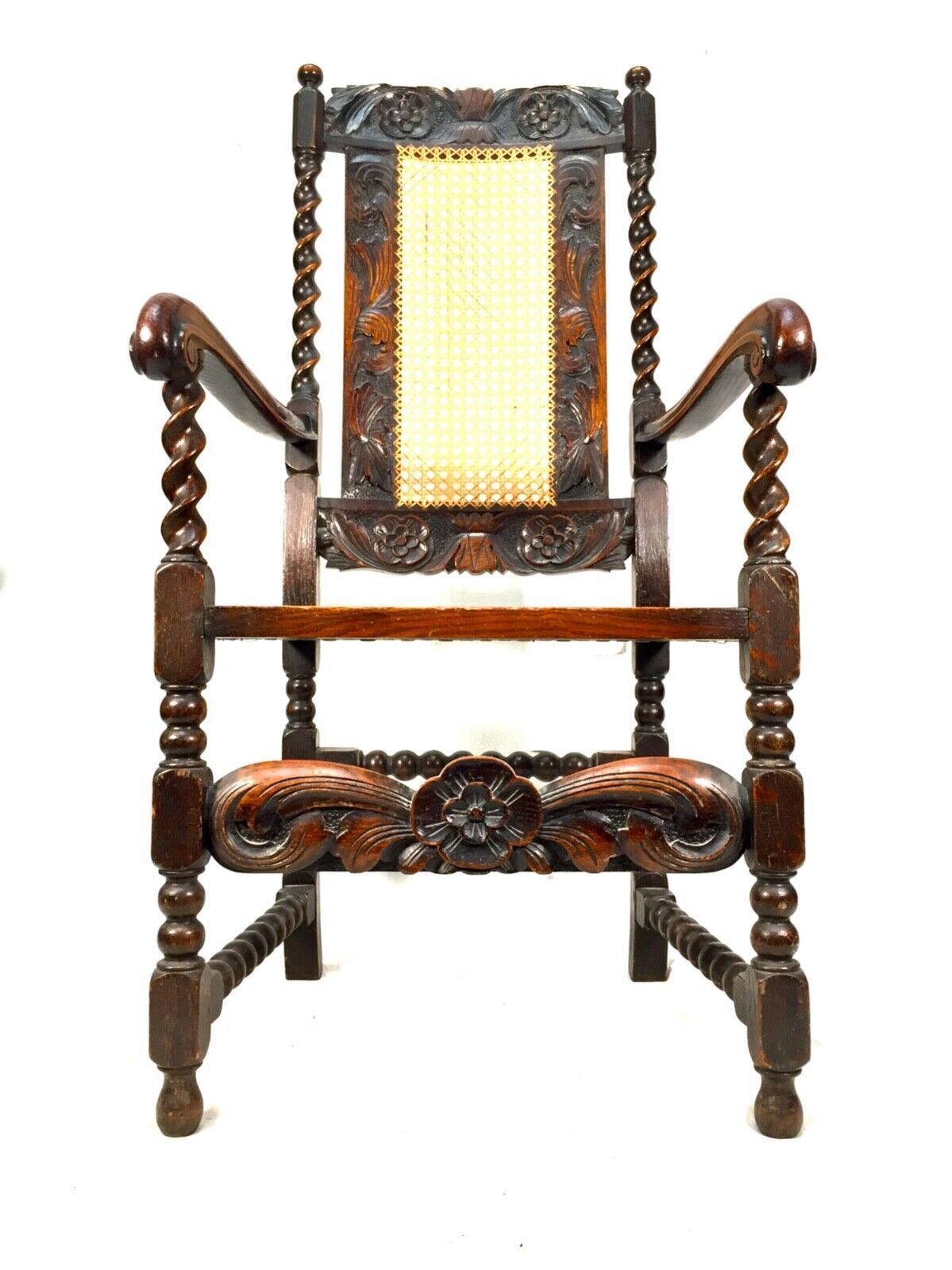 Antique 18th Century Furniture Wooden Oak Carved Arm Chair With Cane Back & Seat photo 425.0