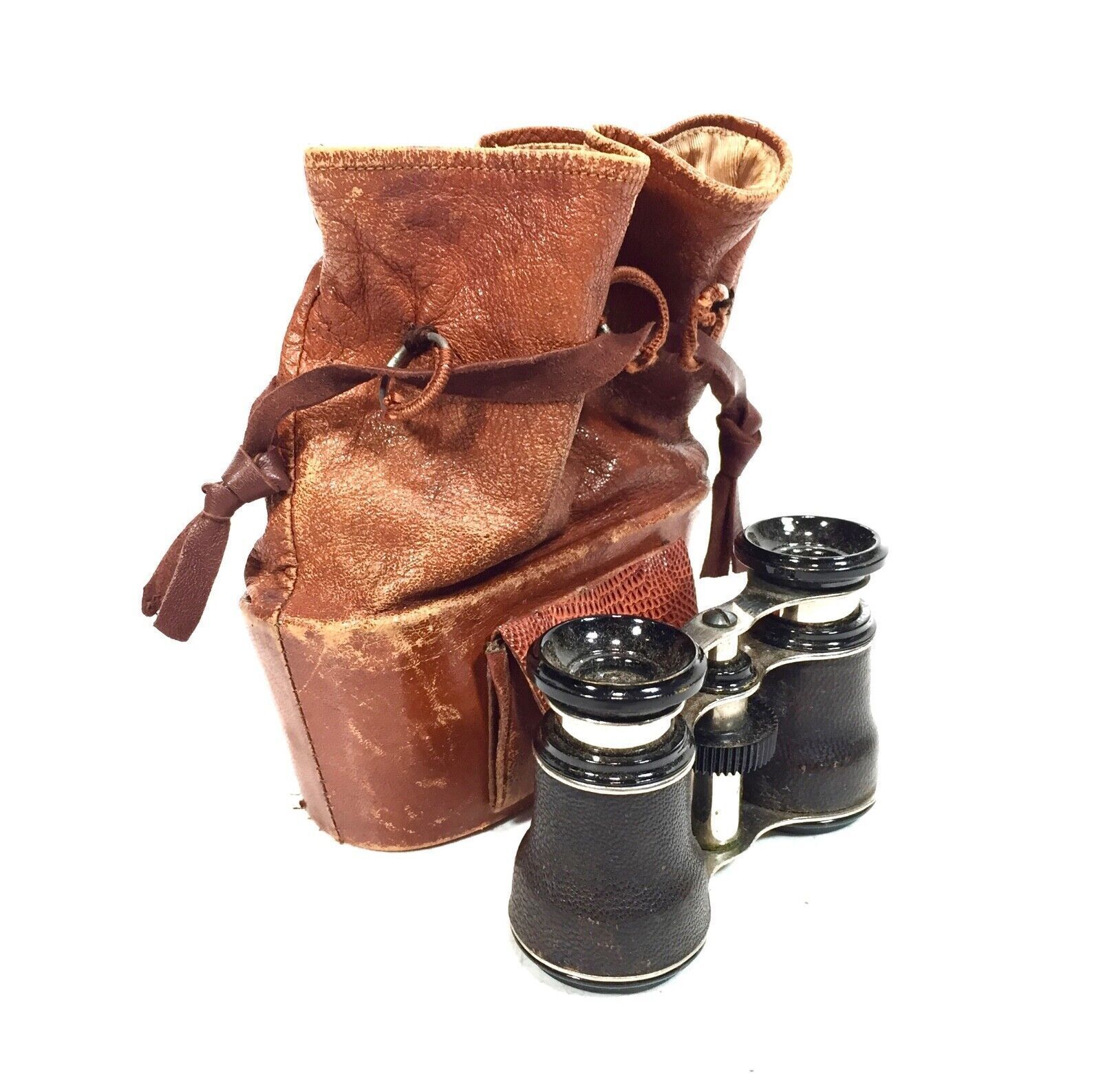 Antique 19th Century Opera Glasses In Rare Leather Bag / Case / Binoculars photo vinterior