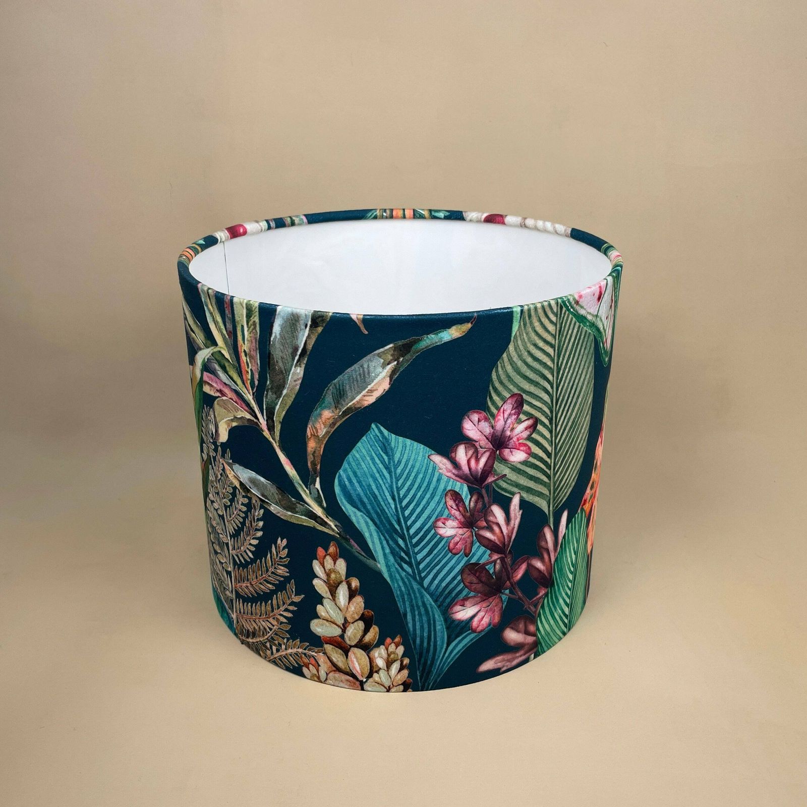 Tropical Printed Velvet Lamp Shade Lampshade Ceiling Lightshade Drum Cylinder Fabric Textile Medium Rain Forest Floral Pattern Green Blue photo furniture