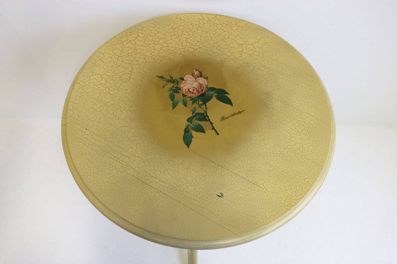 French Provincial Style Round Tripod Side Table Craquele Painted Vintage Whine Table Distress Plaque Rosa Indica Fragrans Additional Table photo for sale