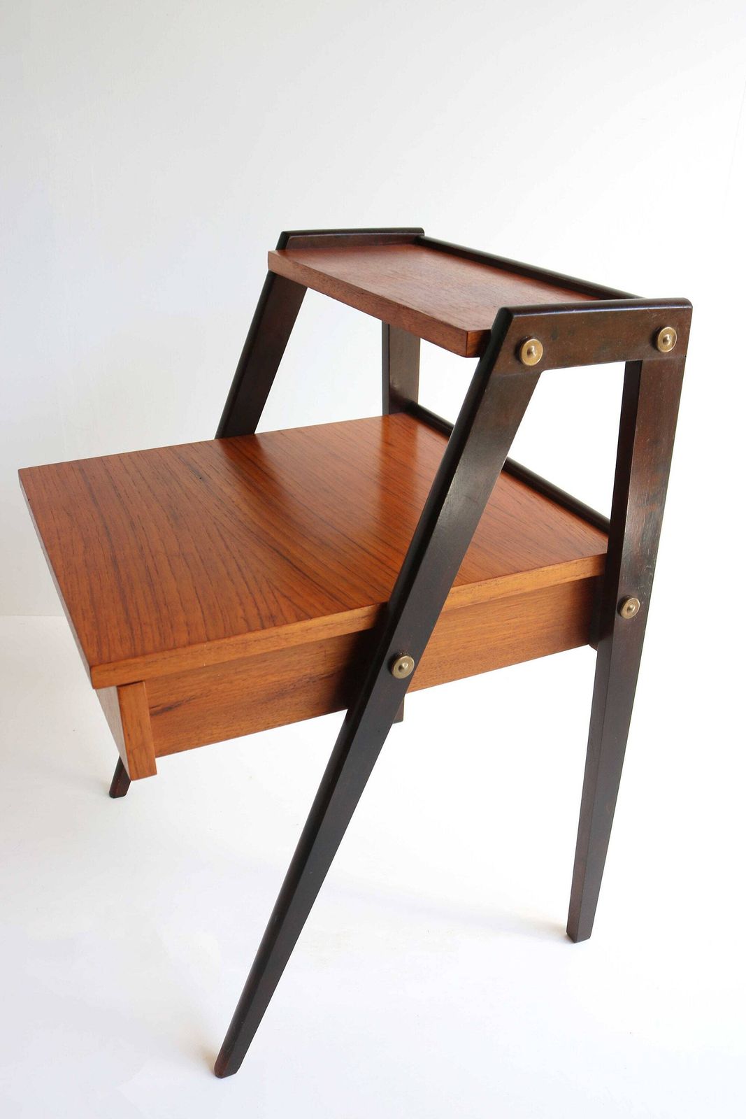Danish Modern Teak Nightstand Mid Century End Table Compass Legs Bedside Table Two Tiers Drawer Side Table Bedside Cabinet photo for sale