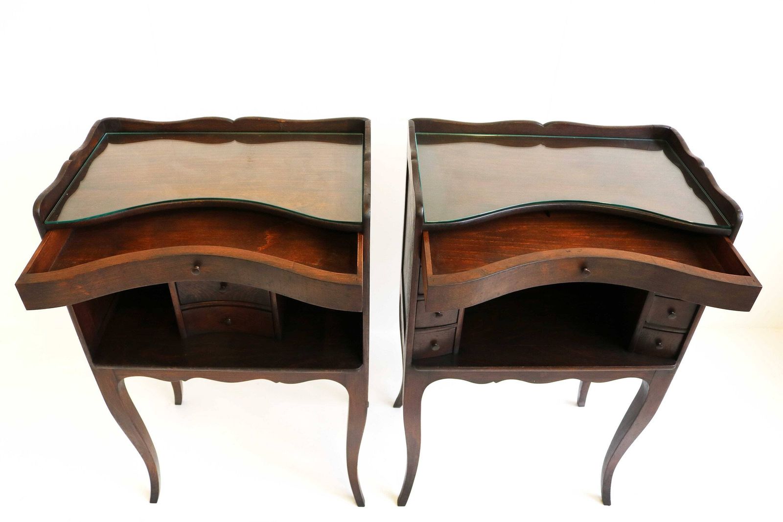 Beautiful Couple Curved French Louis XV Style 19th Century Wooden Bedside Tables With Open Shelf Small Drawers Glass On Tops Antique Style photo vinterior