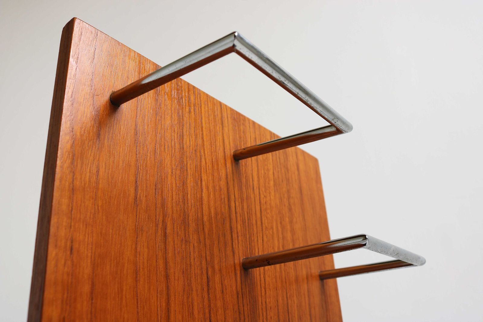 Minimalist Vintage Midcentury Modern Teak Wall Mounted Umbrella Holder Scandinavian Entry Way Furniture 1960s Design photo for sale