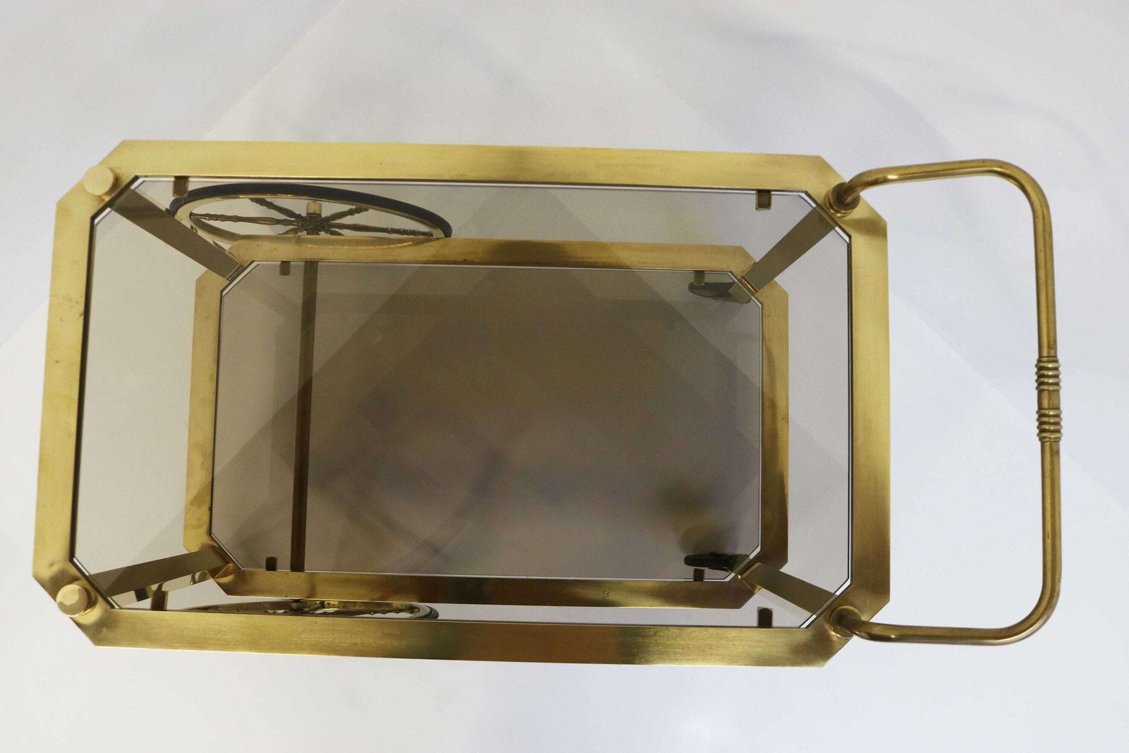 Hollywood Regency Serving Trolley Vintage Bar Cart Cocktail Entertainment Beverages Tea Cart Mid Century Brass Side Table Smoked Glass 1960 photo vintage