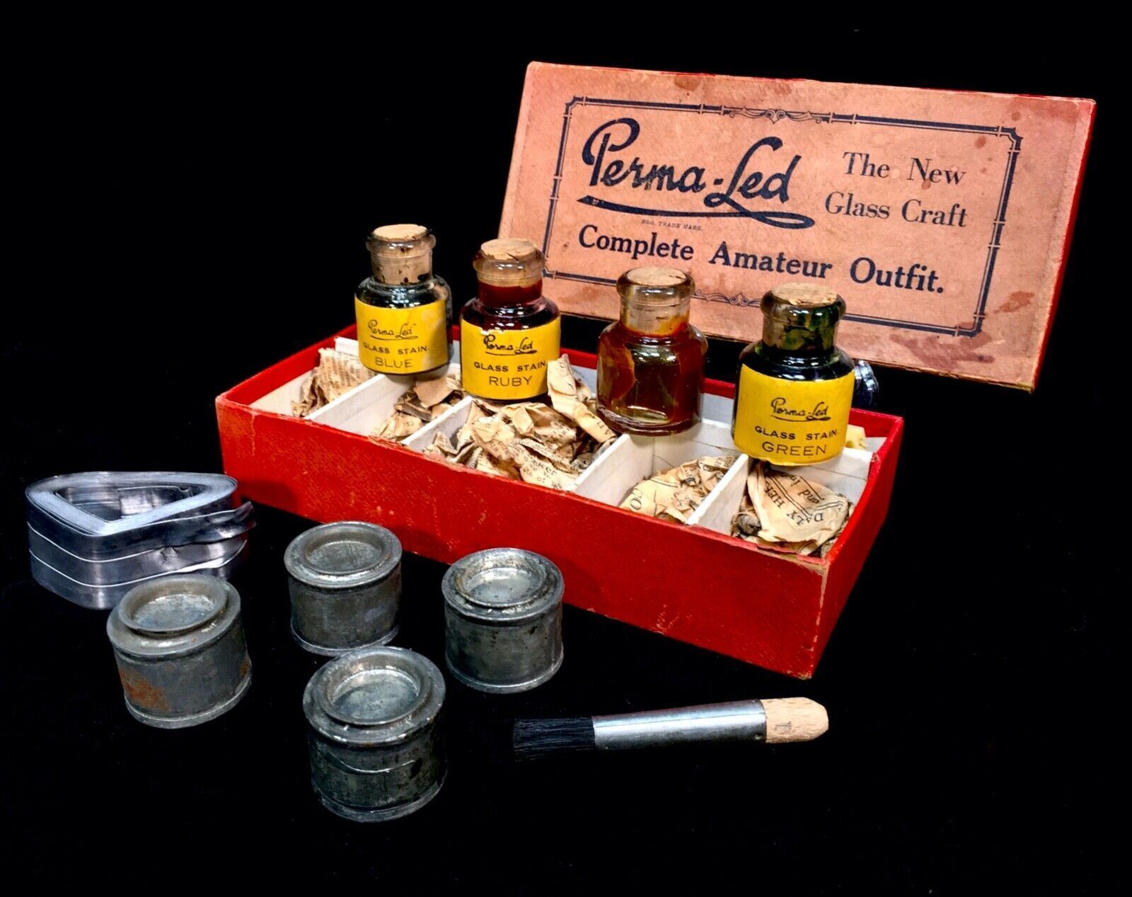 Antique 1930s Rare Perma Led Stained Glass Makers / Artists Kit Box / Lead Work photo for sale