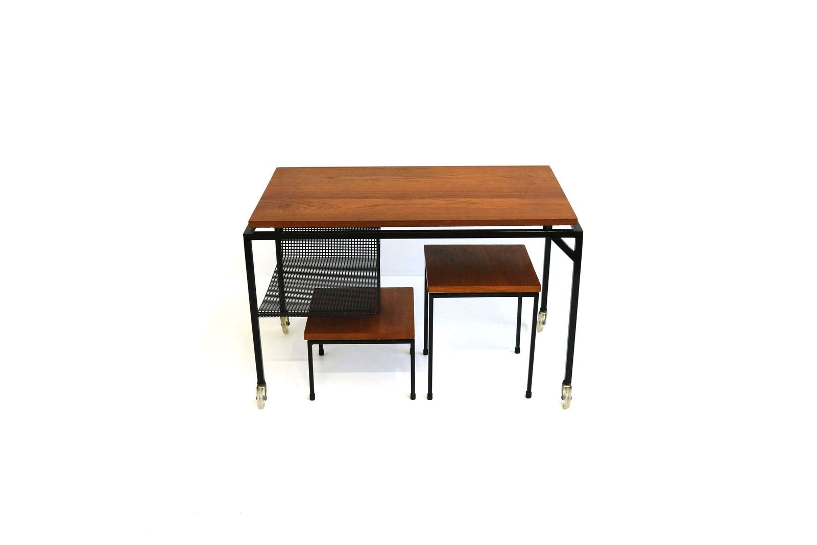 Mid Century Teak Metal Nestingtables Minimalistic Perforated Iron Sidetables Magazine Table Retro 1960 Design Cees Braakman Pastoe Style