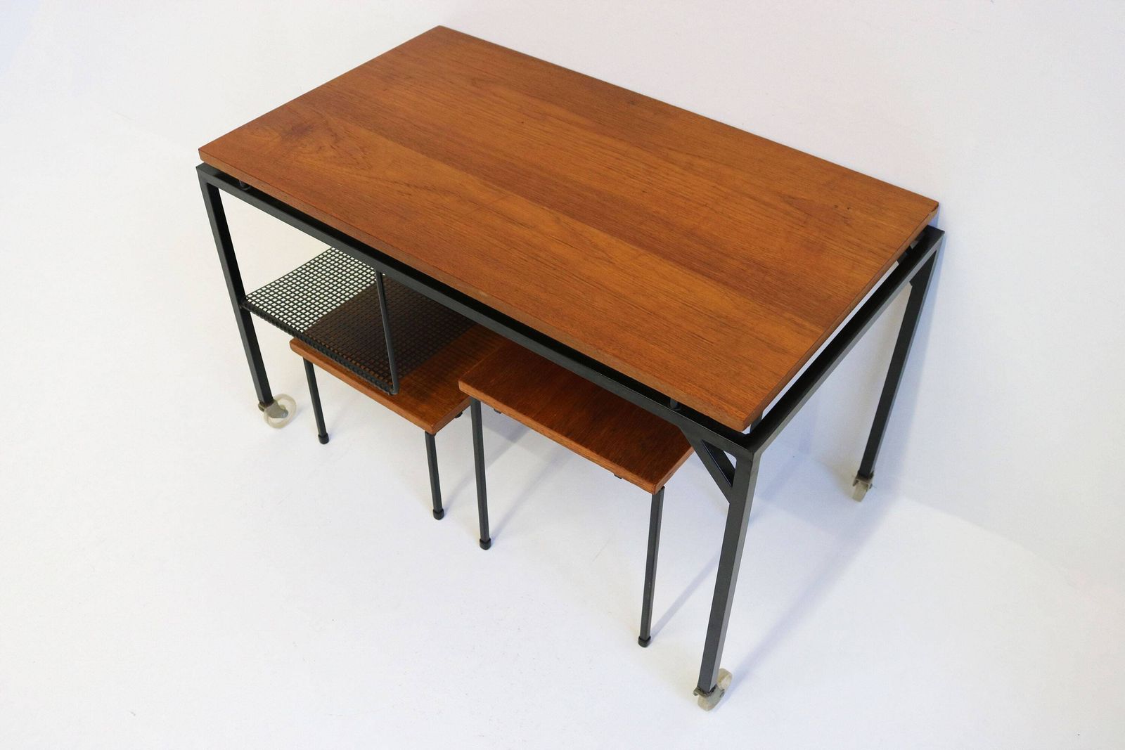 Mid Century Teak Metal Nestingtables Minimalistic Perforated Iron Sidetables Magazine Table Retro 1960 Design Cees Braakman Pastoe Style photo furniture