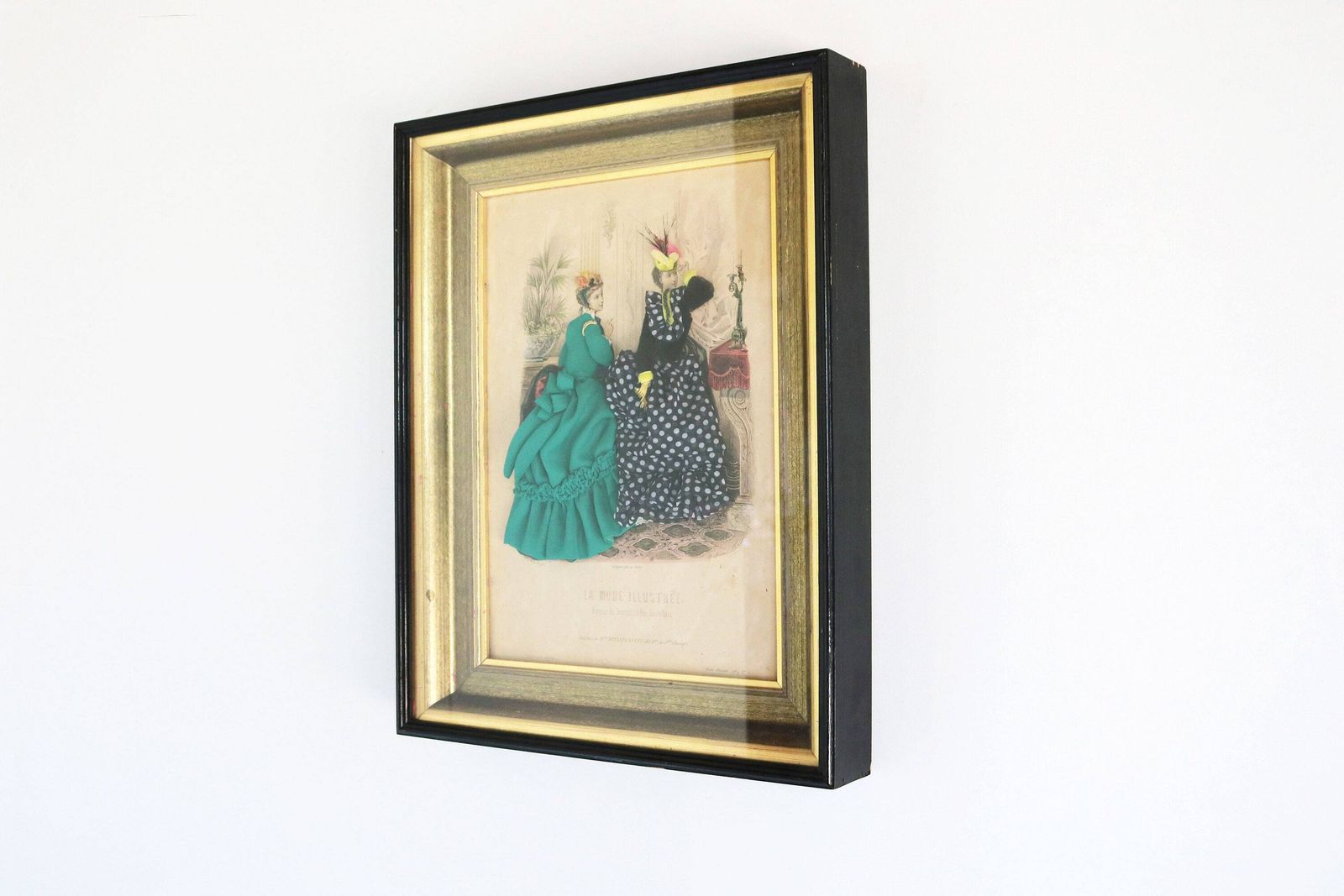 Decorative Antique French La Mode Illustree Paris Fabric Embellished Victorian 3d Shadow Box Dress Fashion Print Ladies Romantic Scenery