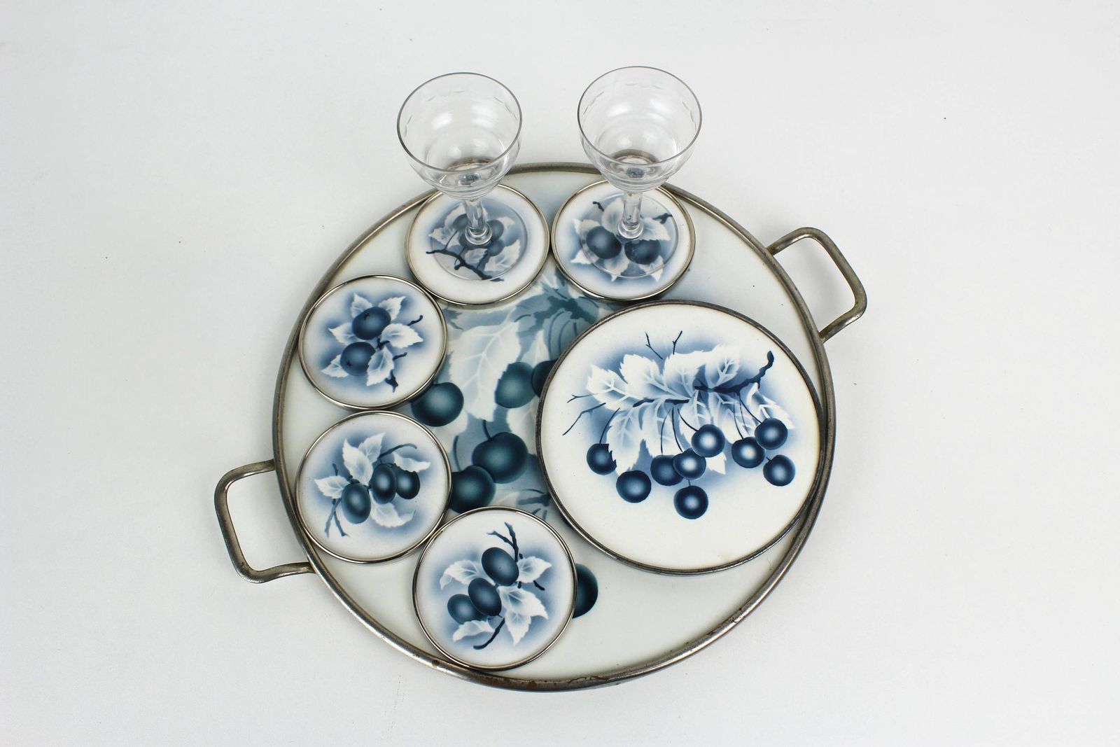 Antique Pottery Transferware Serving Tray Set Cake Platter And Coasters Grapes Delft Blue 1910 1920