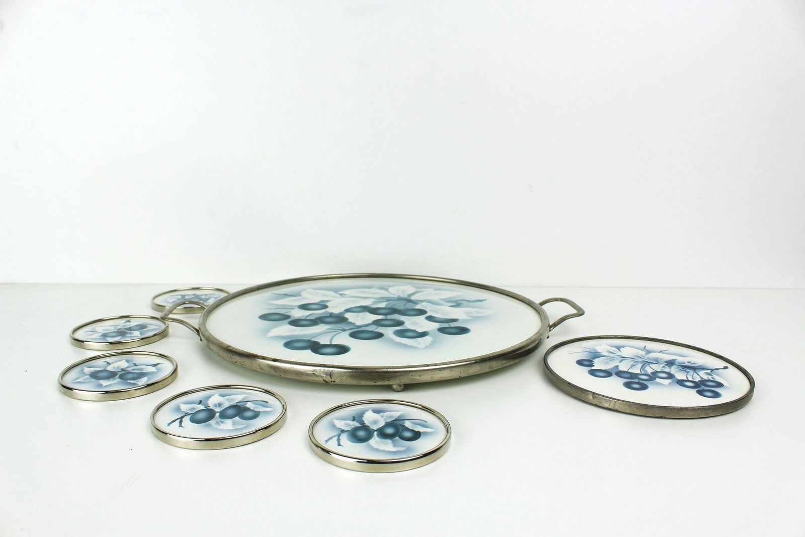 Antique Pottery Transferware Serving Tray Set Cake Platter And Coasters Grapes Delft Blue 1910 1920 photo buy