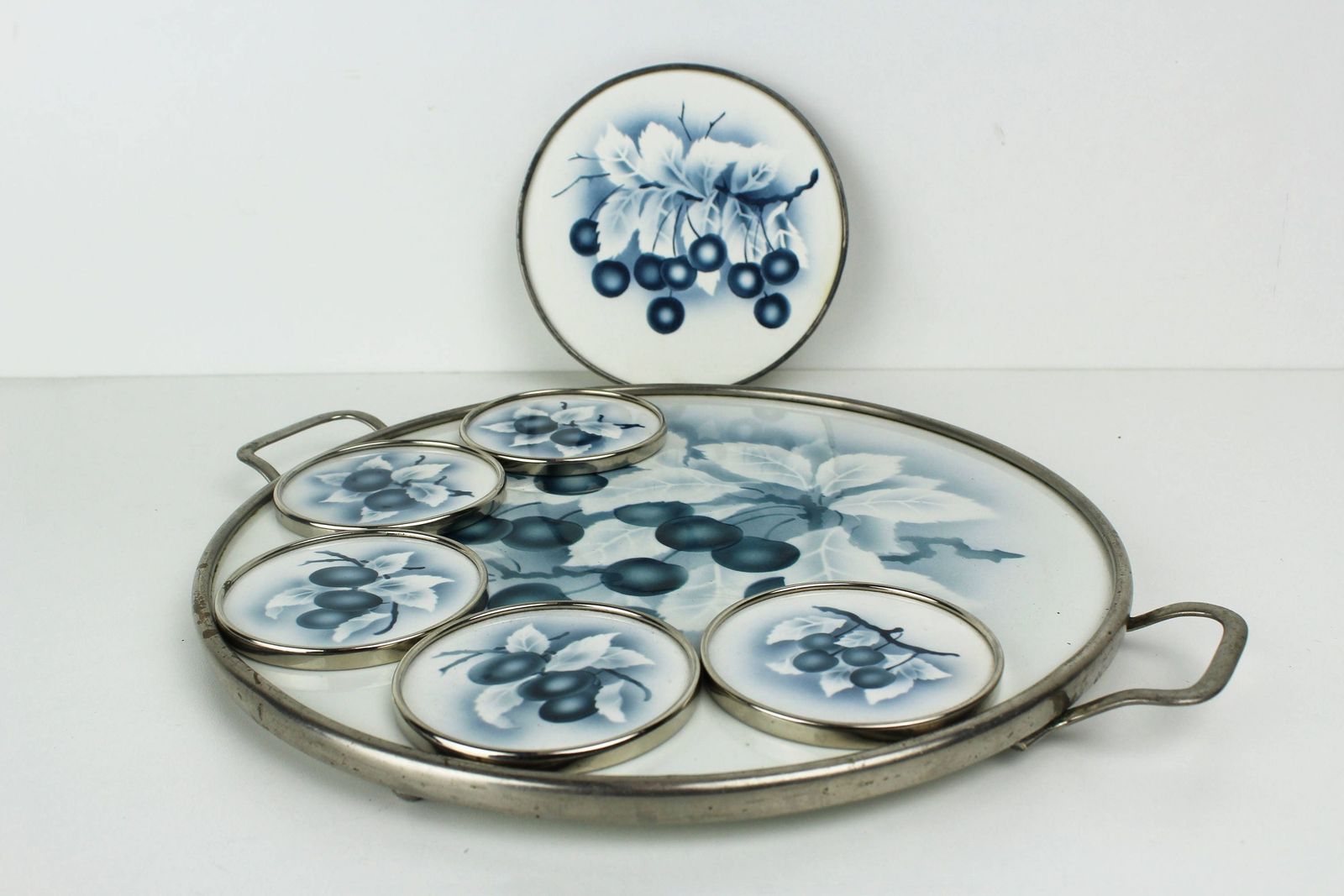 photo furniture Antique Pottery Transferware Serving Tray Set Cake Platter And Coasters Grapes Delft Blue 1910 1920