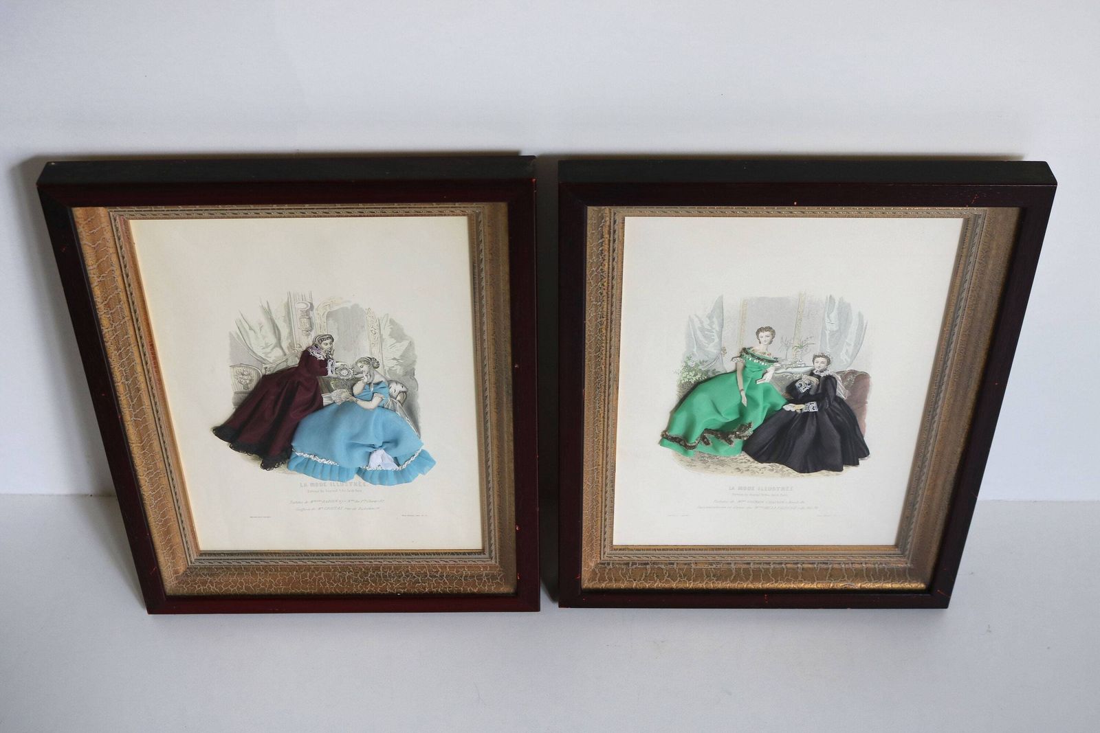 Couple Of Decorative Antique French La Mode Illustree Paris Fabric Embellished Victorian 3d Shadow Box Dress Fashion Print Ladies Romantic photo for sale