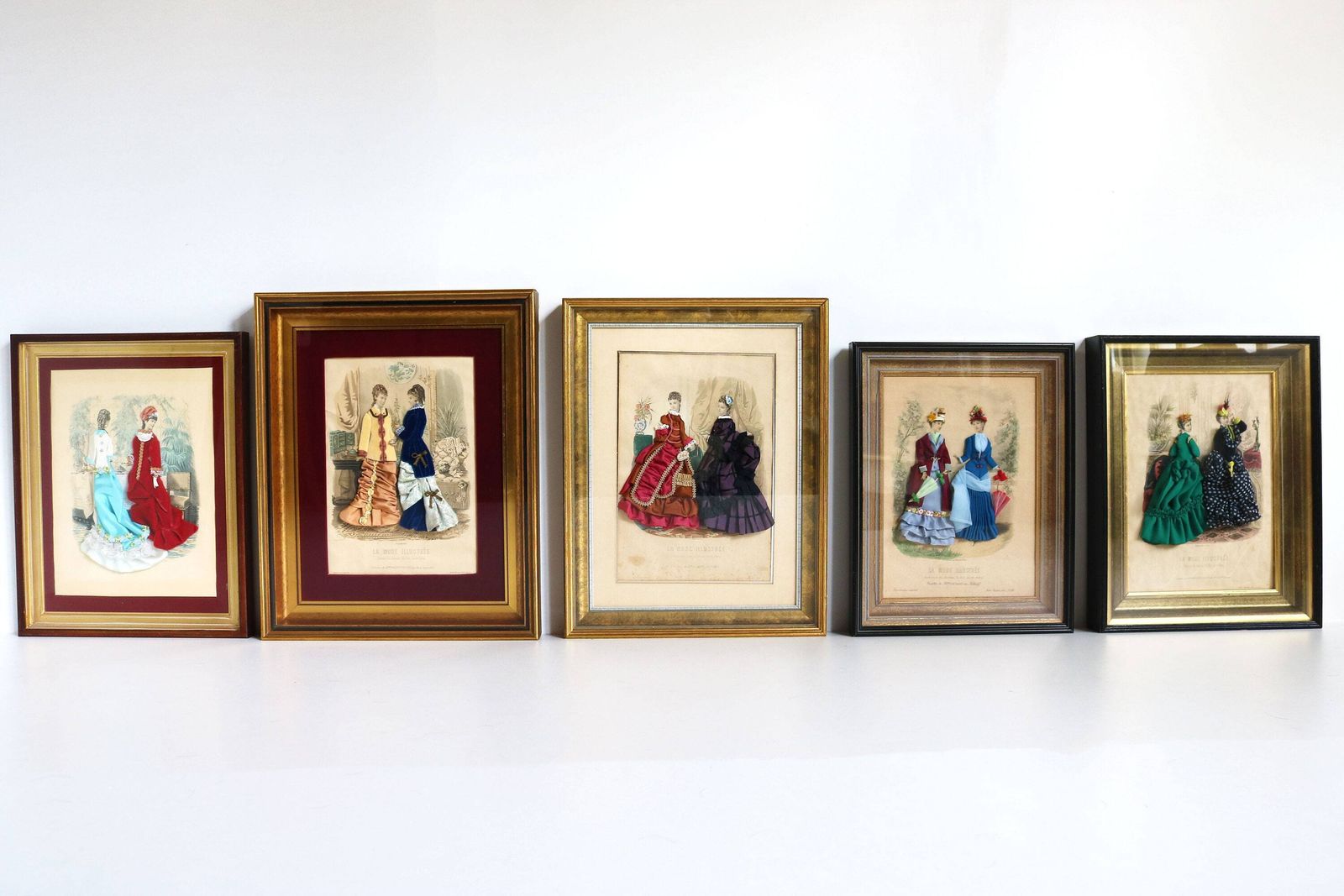 photo for sale Couple Of Decorative Antique French La Mode Illustree Paris Fabric Embellished Victorian 3d Shadow Box Dress Fashion Print Ladies Romantic