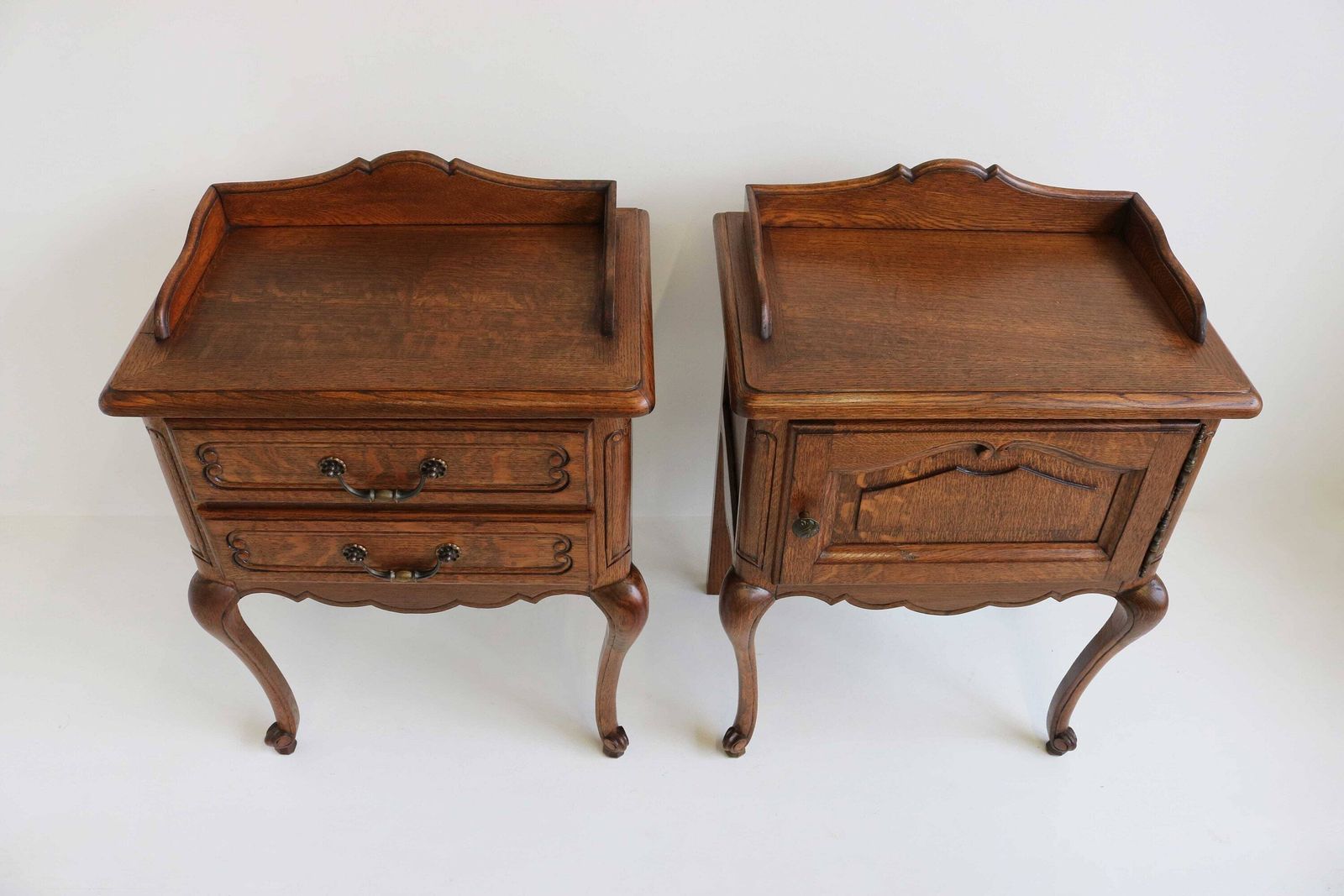 Couple Louis XV Style Bedside Tables Set Of 2 French Provincial Nightstands Oak Side Tables Pair Hand Carved Wooden Cabinets Midcentury 60s photo for sale