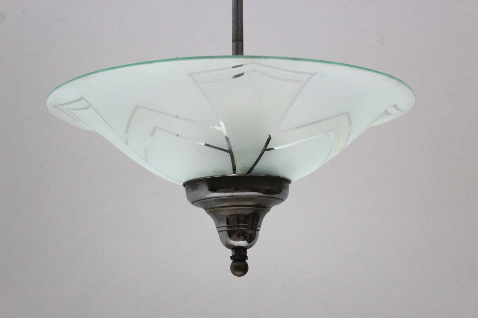 Authentic Chrome Artdeco Pendant Art Deco Iridescent Ice Glass Shade 1920 Frosted Ceiling Light Chandelier Lamp Mat 1930 Design Chrome photo 346.0
