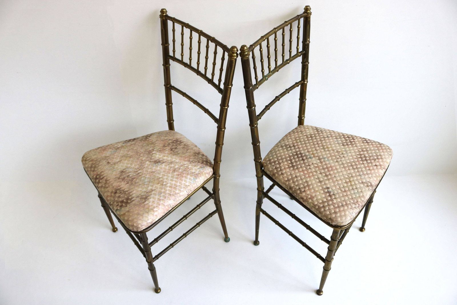 Set Of Two Chiavari Chairs Casted Brass Faux Bamboo Chairs Gilt Iron Couple Pair Bedroom Side Chairs Italian Mid Century Modern 50s photo furniture