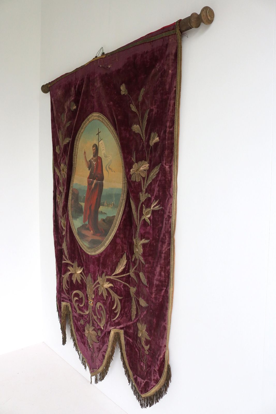 Antique Religious Hand Embroidered Fabric Church Banner Of Saint John The Baptist ‘Ecce Agnus Dei’ Old Procession Altar Victorian Flag 1800s photo buy