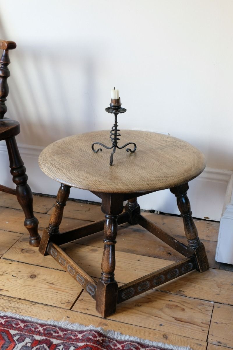 Oak Carved Low Round Table By Priory Circa 1950s photo vintage