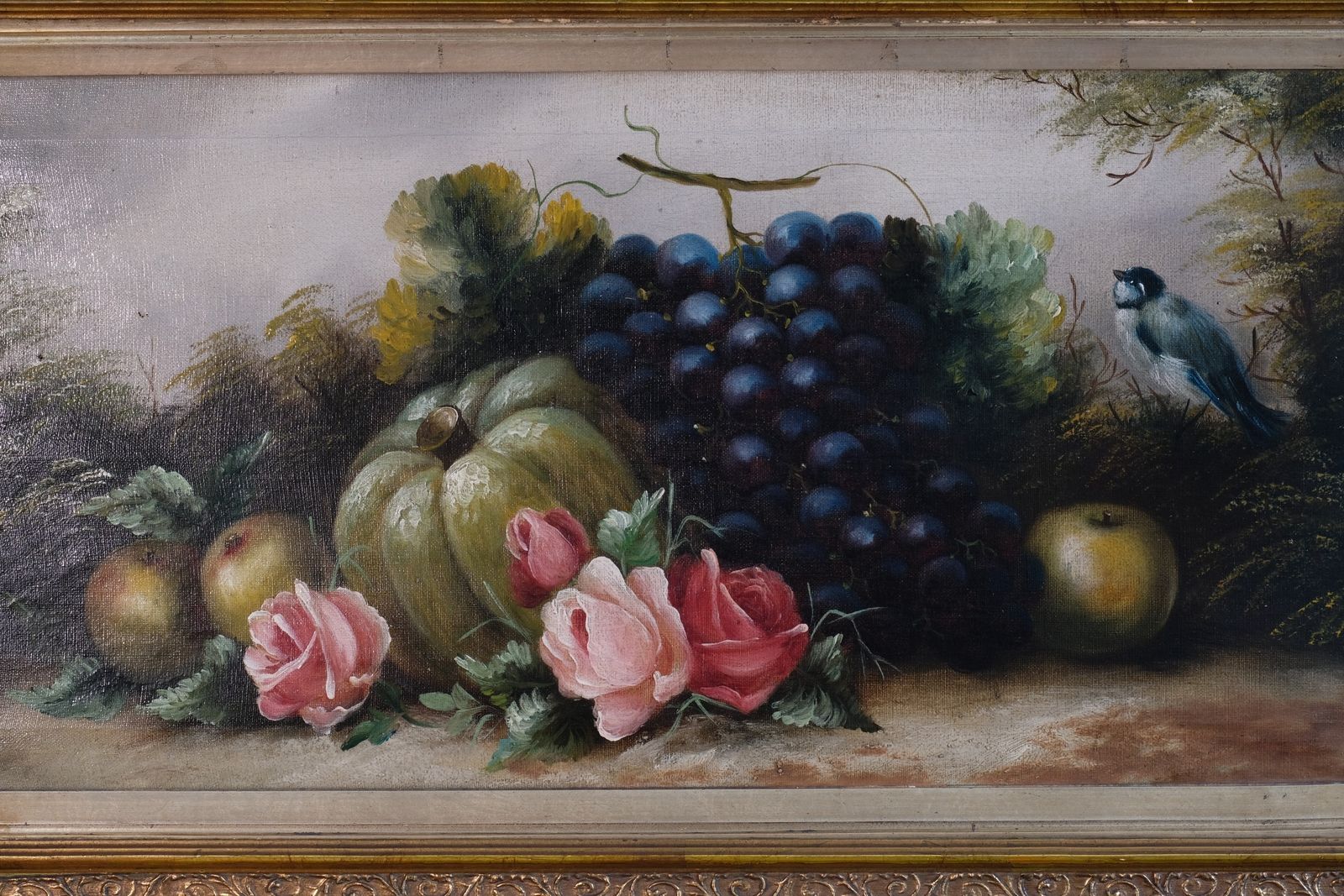 Still Life Oil Painting Of Fruit Flowers And A Blue Tit   Circa 1880s photo vintage