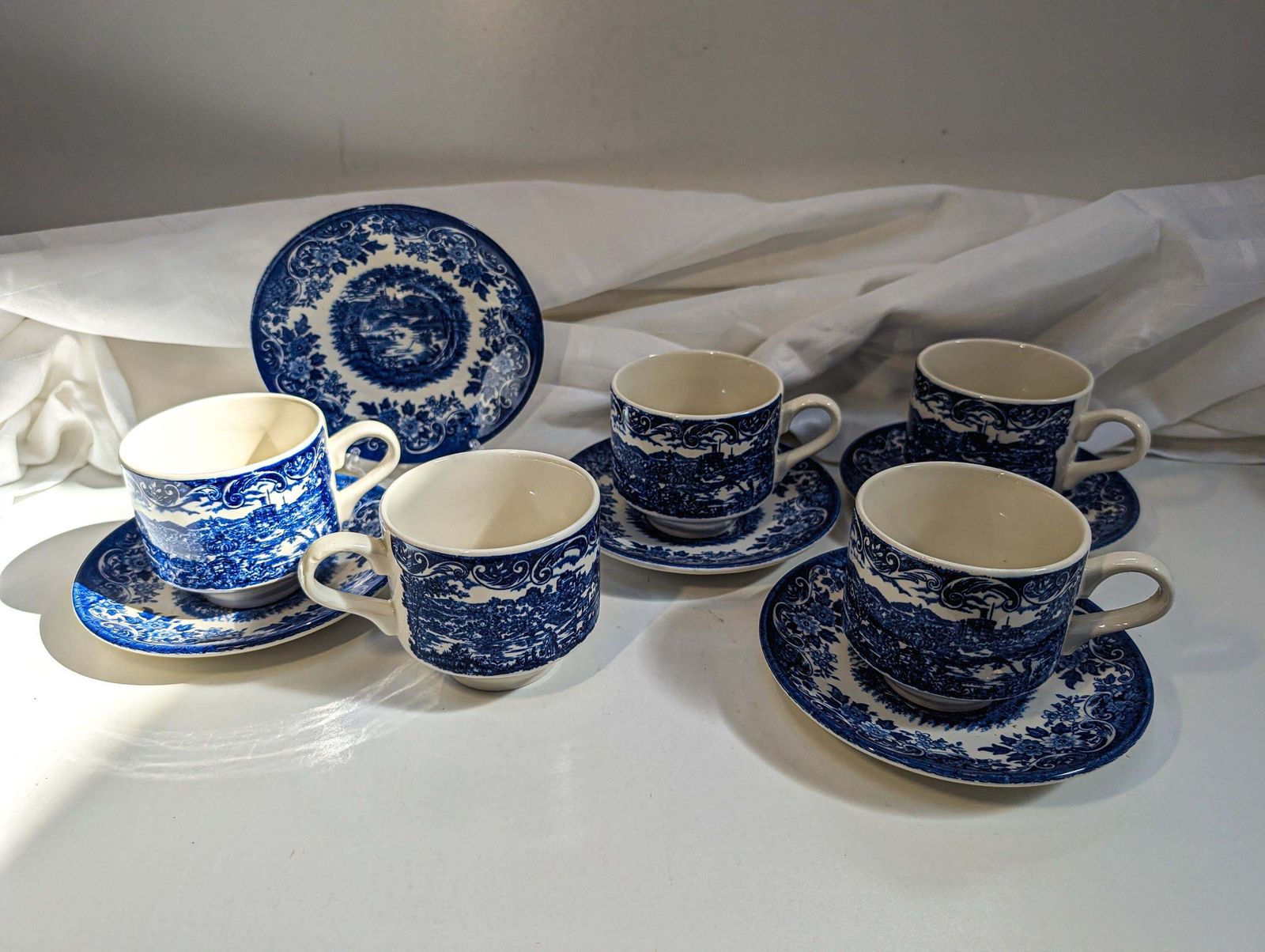 James Broadhurst Blue Transferware Ironstone Set Of 5 Tea Cups & Saucer Est. 1847. Made In England Blue And White, Country Cottage Core Chic