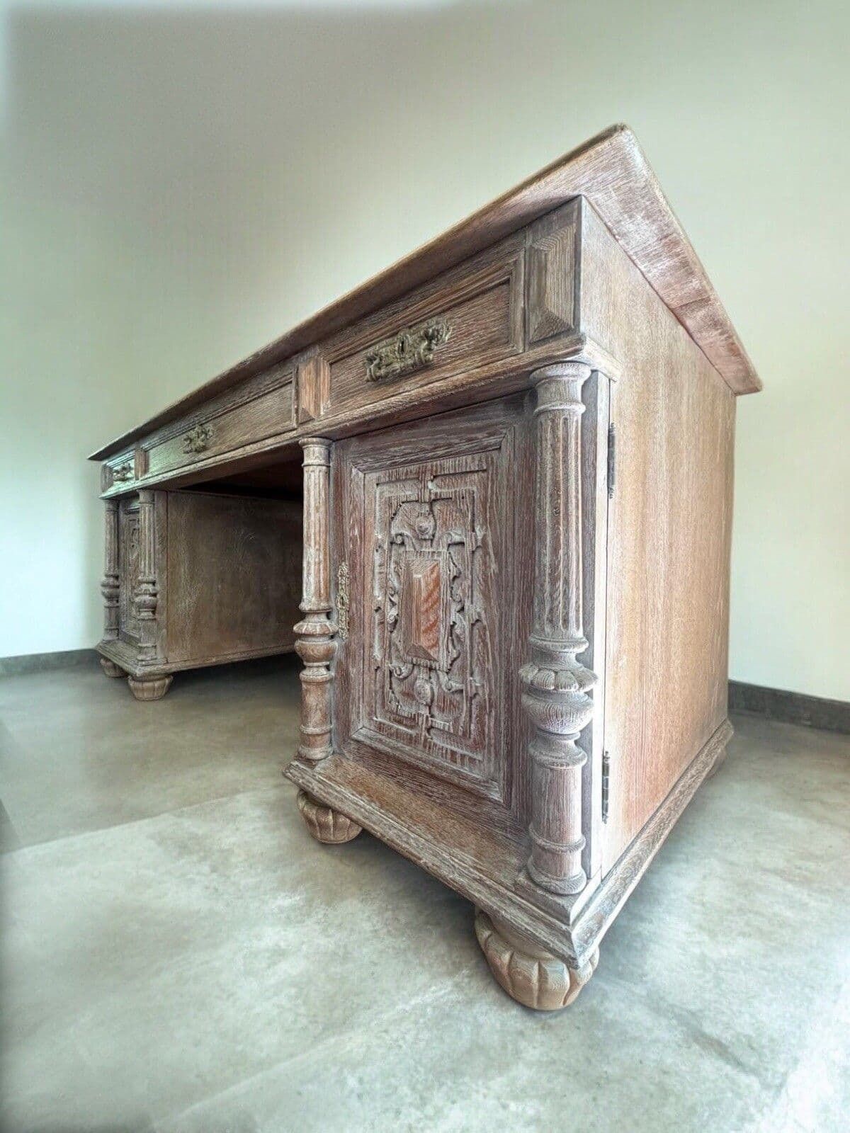 Antique Ornate Dutch Oak Lime Waxed Pedestal Kneehole Desk photo for sale