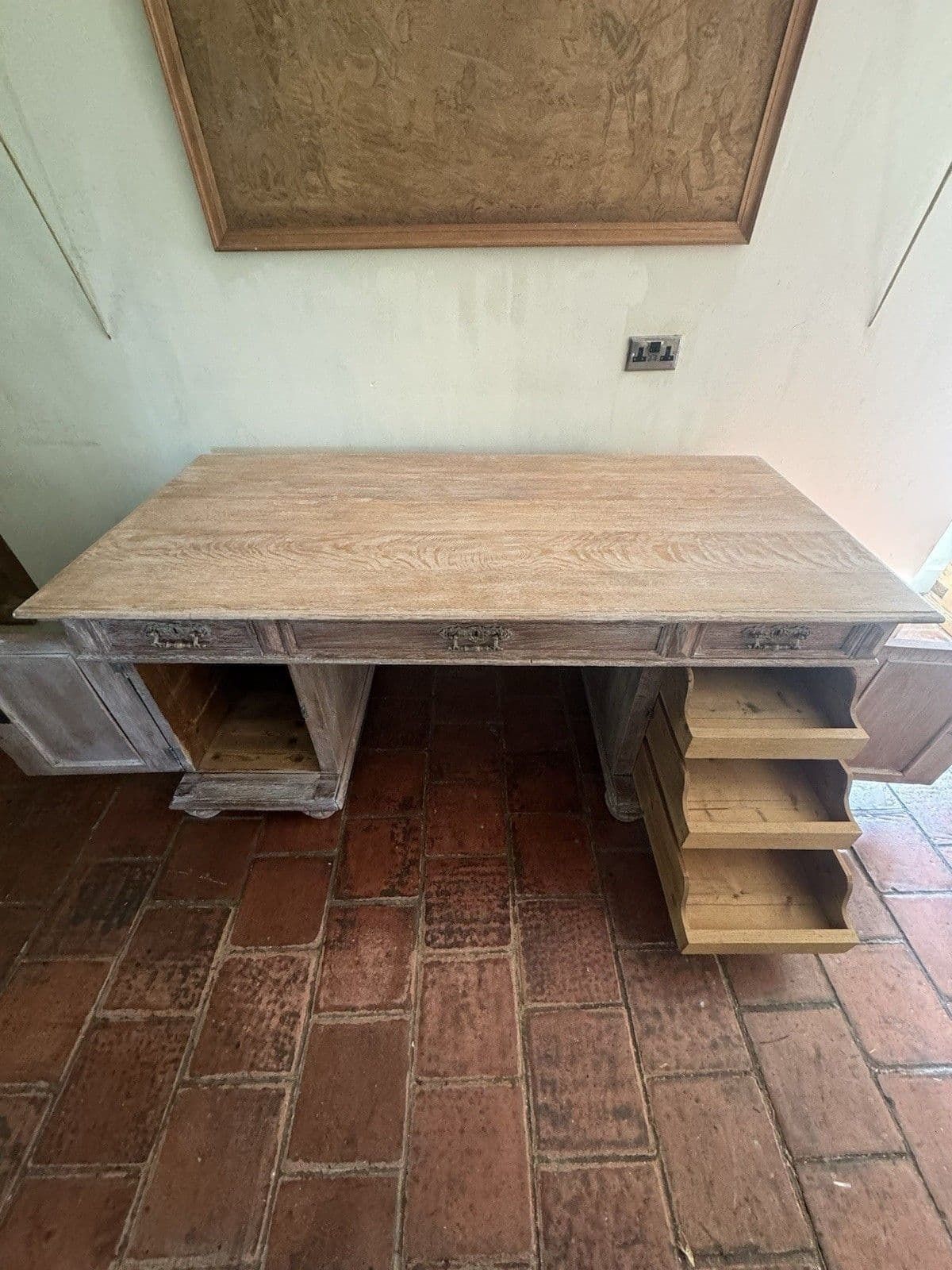 Antique Ornate Dutch Oak Lime Waxed Pedestal Kneehole Desk photo buy