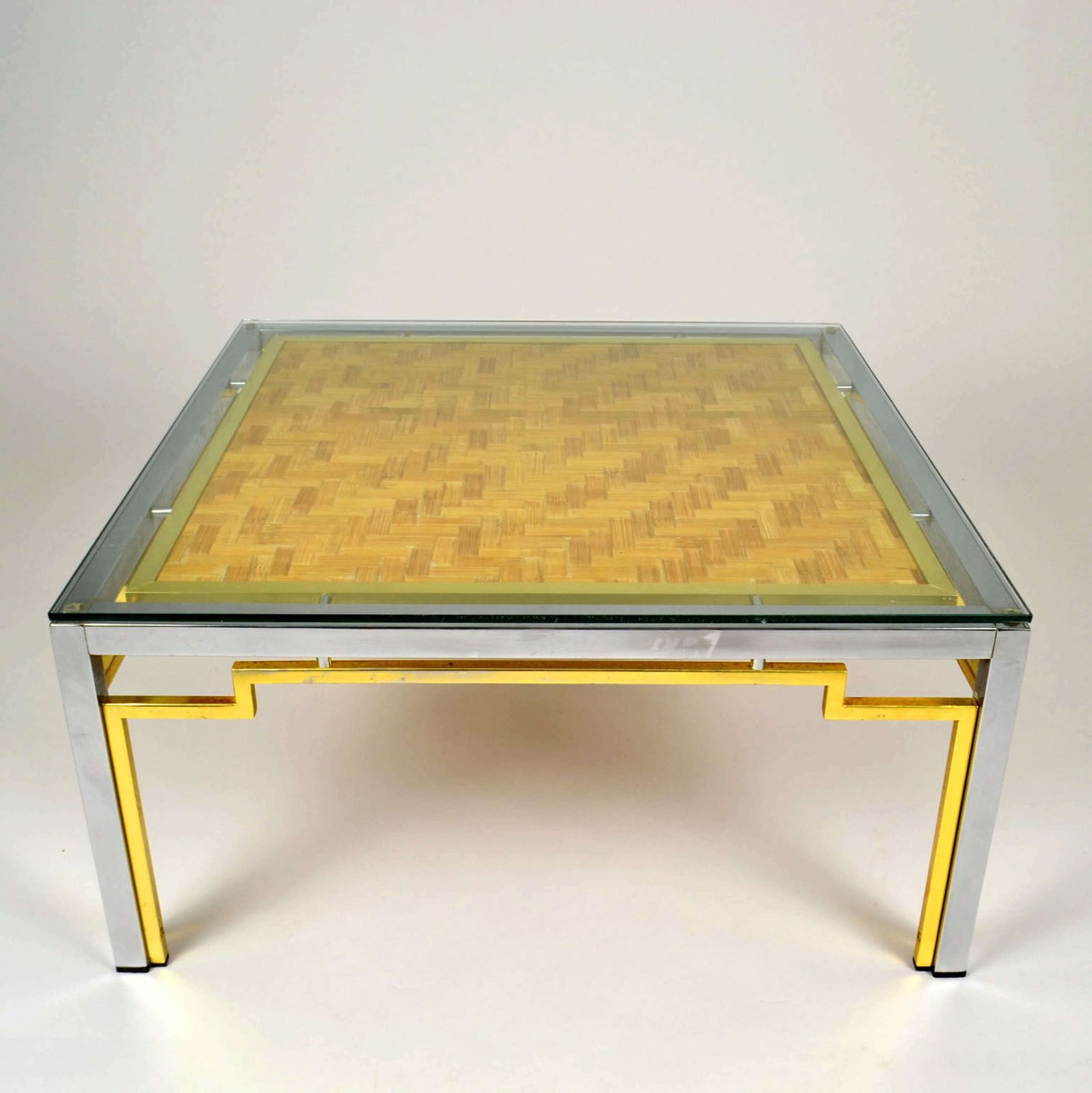 Pair Of Italian Coffee Tables Bamboo Top, Chrome & Gilded Brass Frame photo for sale