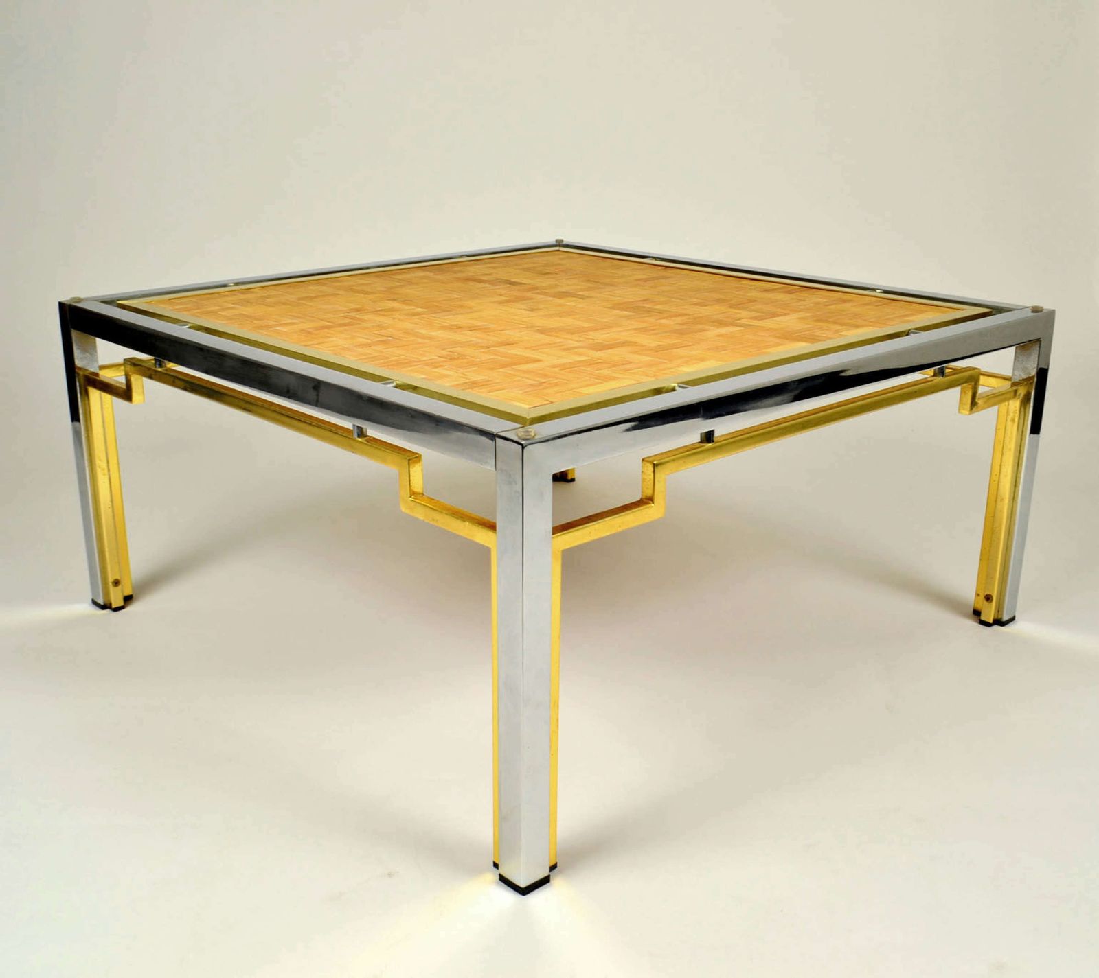 Pair Of Italian Coffee Tables Bamboo Top, Chrome & Gilded Brass Frame photo vinterior